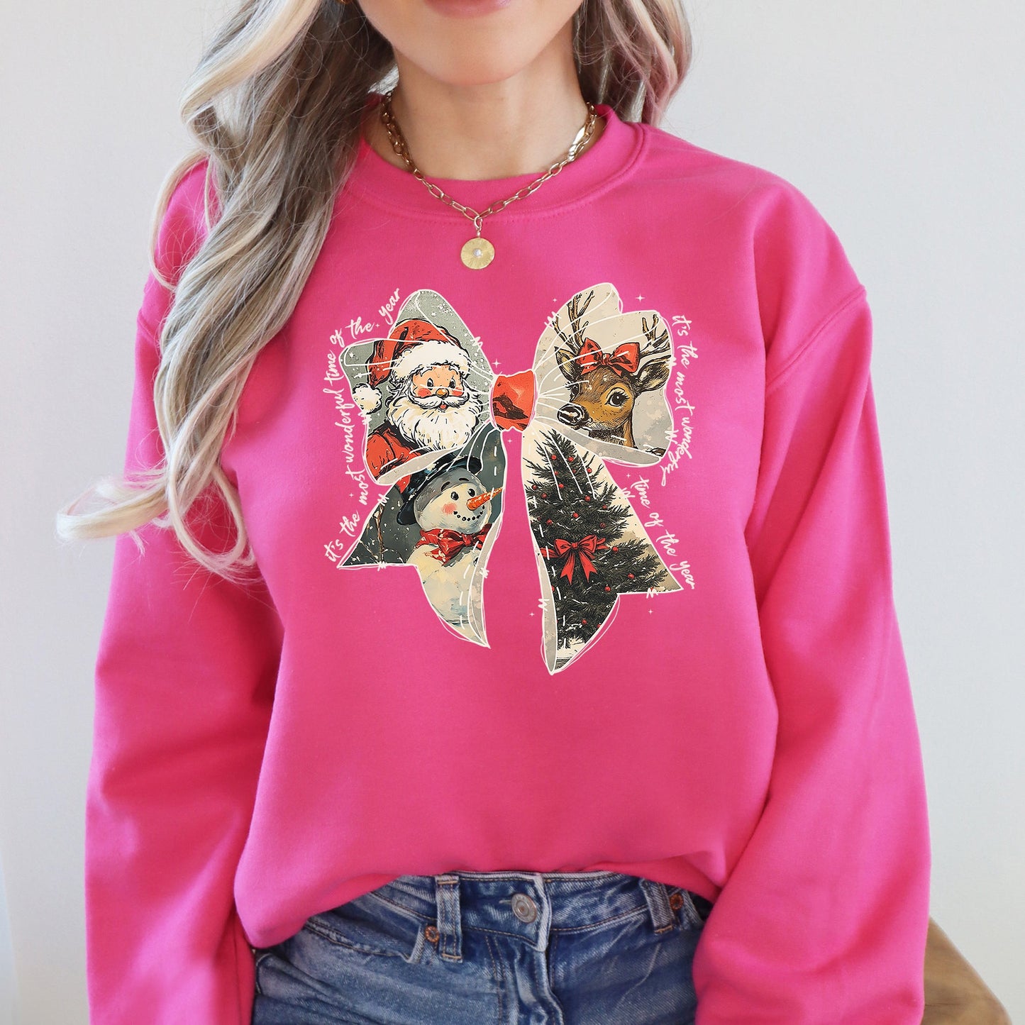 Pink It's The Most Wonderful Time Of The Year, Christmas, Santa, Snowman, Reindeer Sweatshirt