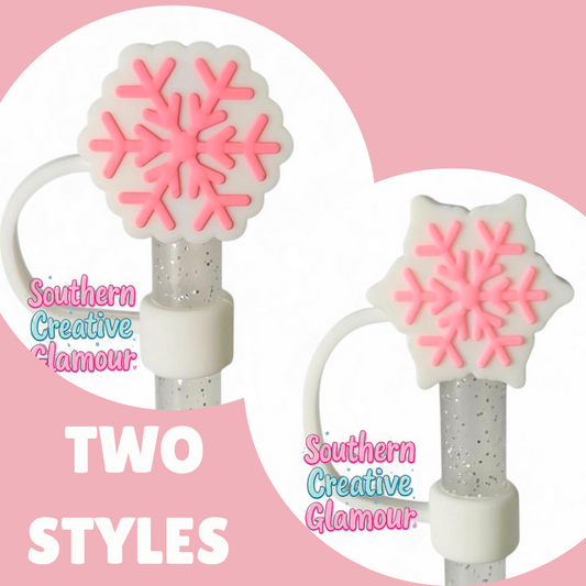 Pink and White 3D Snowflake Silicone 10mm Straw Toppers by Southern Creative Glamour 