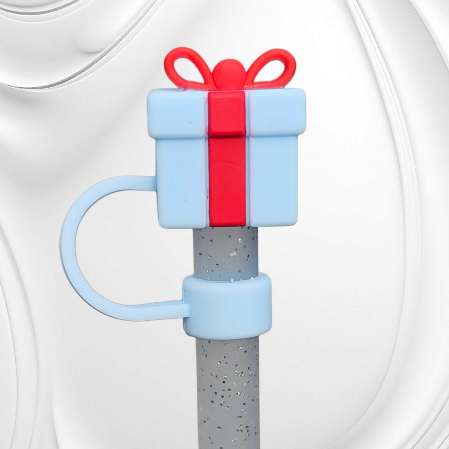 Powder Blue and red Christmas Present 3D Silicone Straw Topper by Southern Creative Glamour 