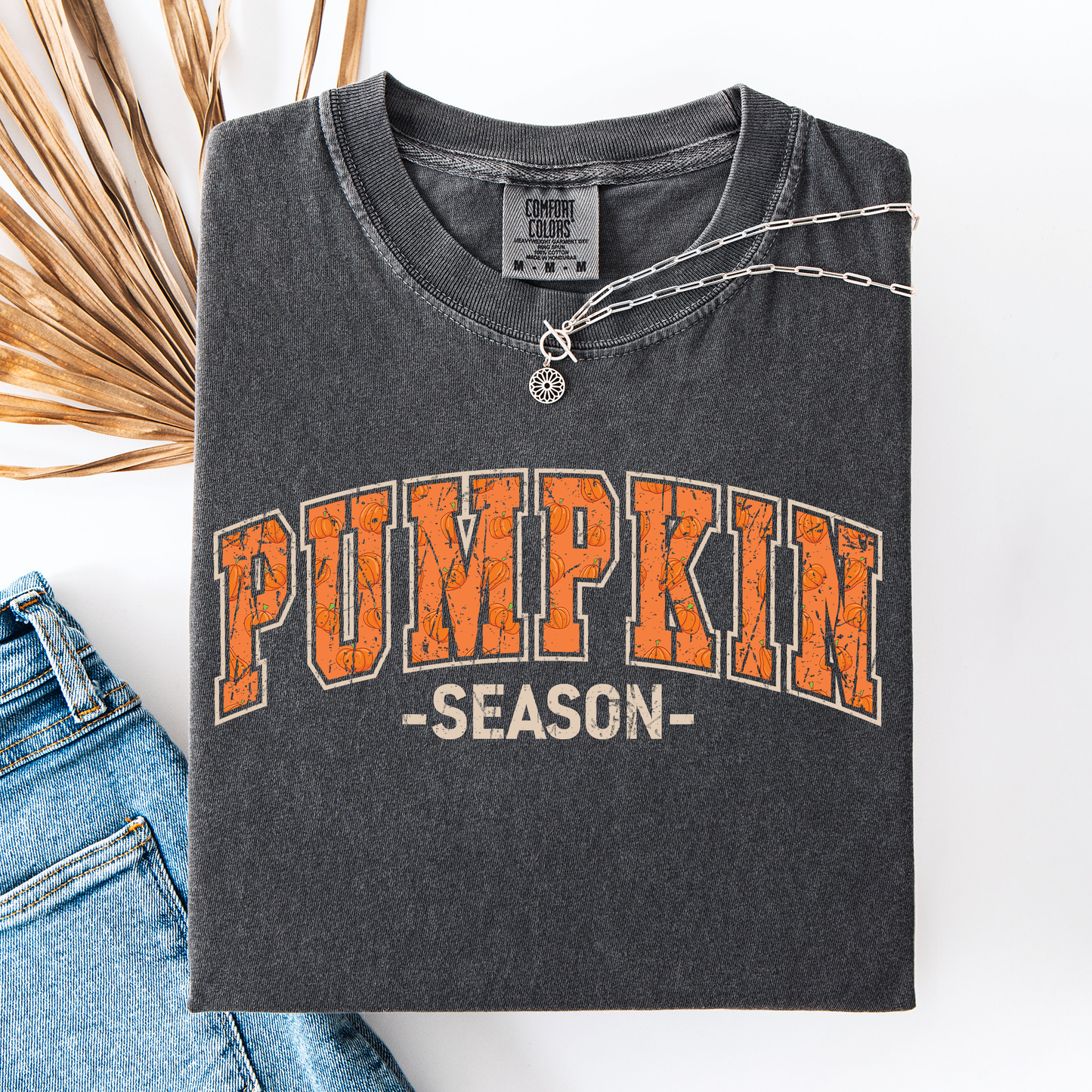 Charcoal Gray Pumpkin Season, Classic Varsity, Halloween, Fall, Autumn, Comfort Colors T-Shirt