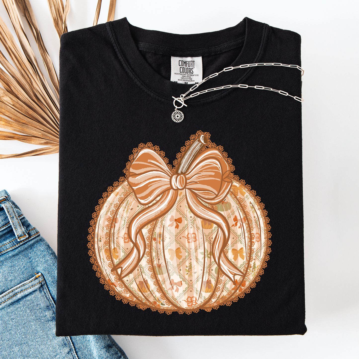 Black Pumpkin, Faux Lace, Coquette, Pattern, Halloween, Autumn, Fall, Comfort Colors T-Shirt