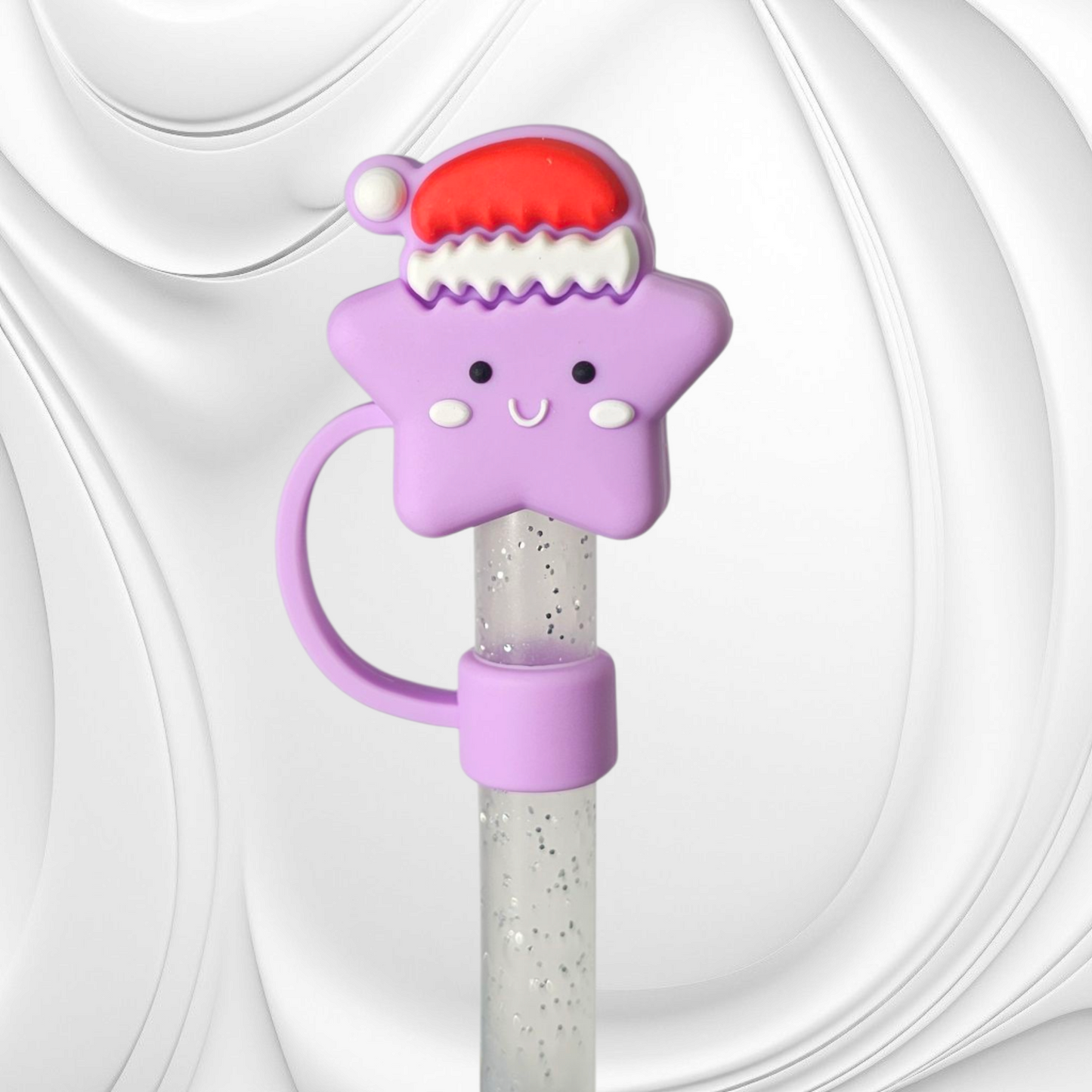 Purple Star wearing red Santa Hat 3D Silicone Straw Topper. 