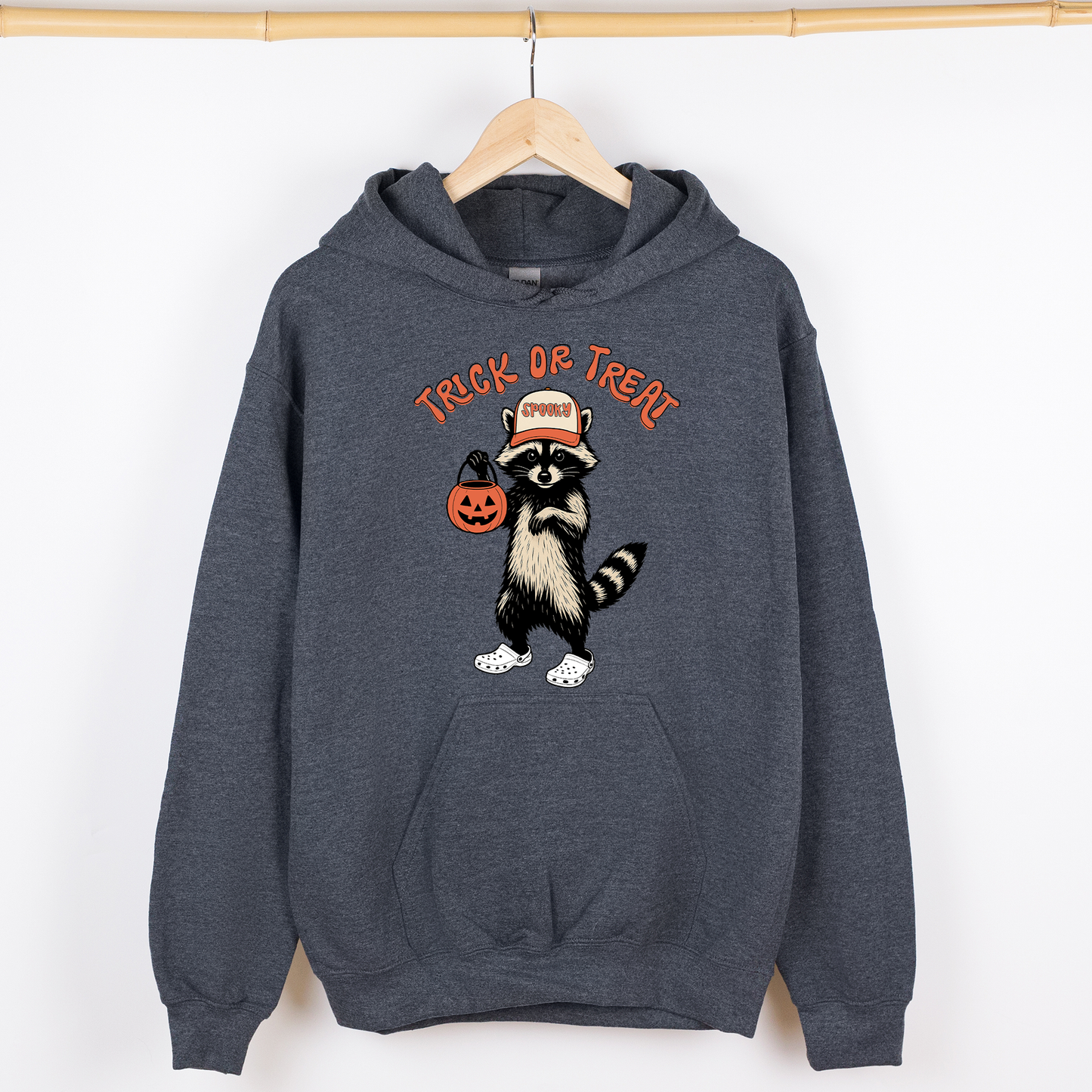 Dark Heather gray Raccoon, Trick or Treat, Cute, Halloween, Spooky, Graphic Hoodie, Hooded Sweatshirt