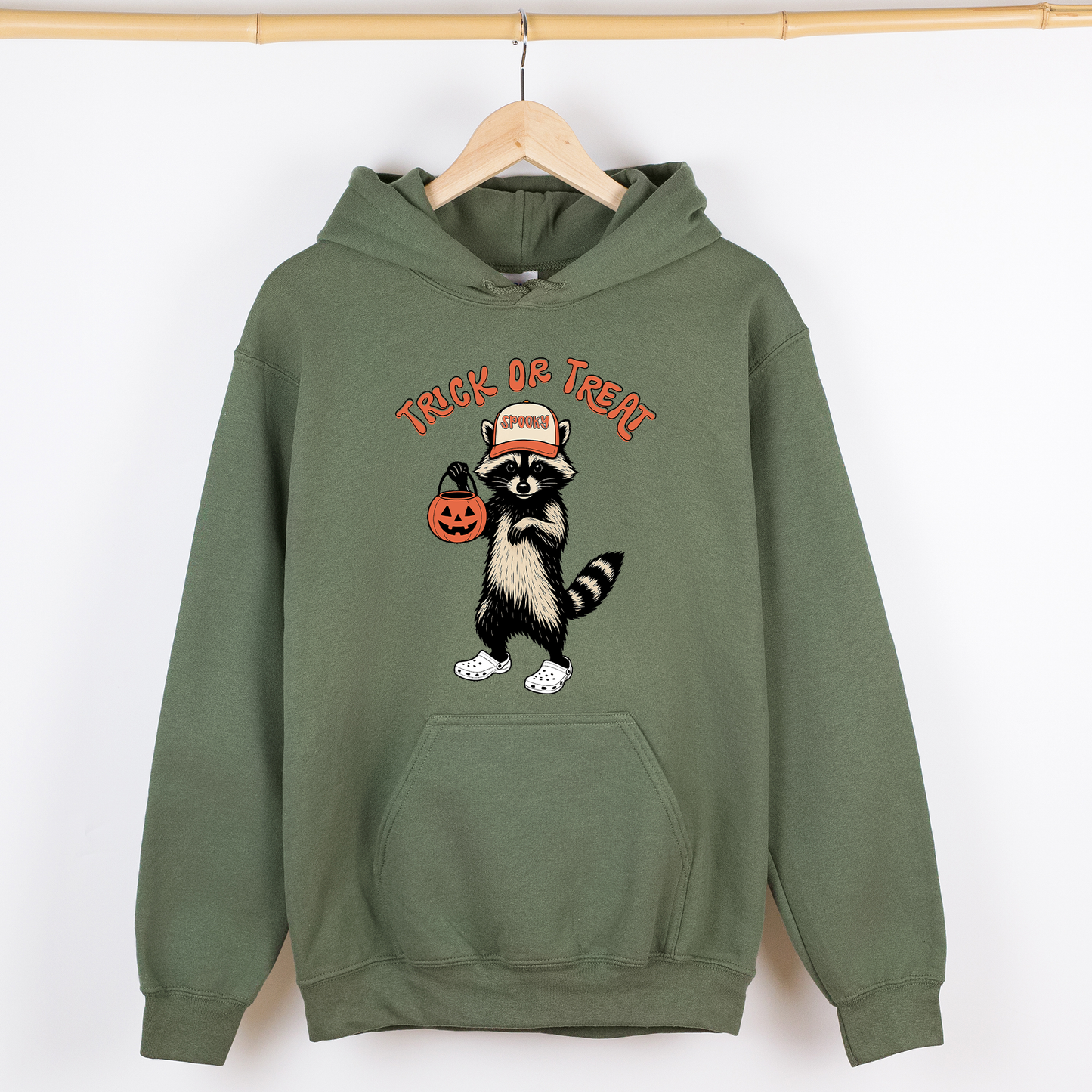 Military green Raccoon, Trick or Treat, Cute, Halloween, Spooky, Graphic Hoodie, Hooded Sweatshirt