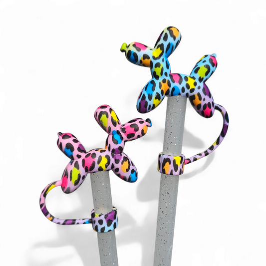 Rainbow Leopard Print 3D Balloon Dog 10mm Silicone Straw Topper by Southern Creative Glamour 