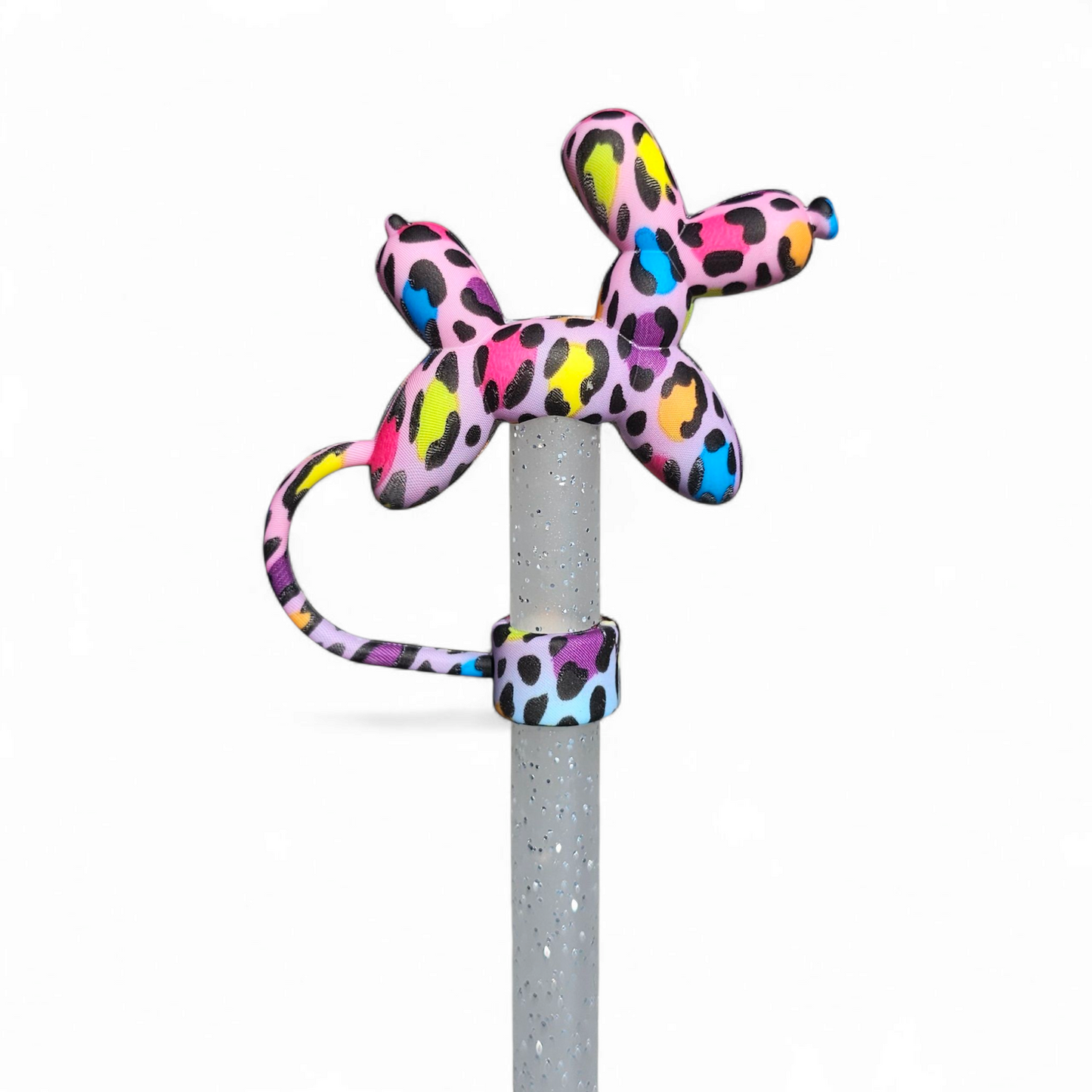 Rainbow Leopard Print 3D Balloon Dog 10mm Silicone Straw Topper by Southern Creative Glamour 