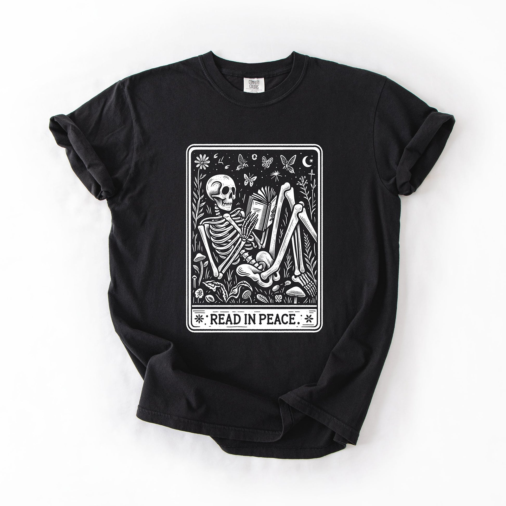 Black Read In Peace, Halloween, Skeleton, Tarot, Books, Library, Comfort Colors T-Shirt