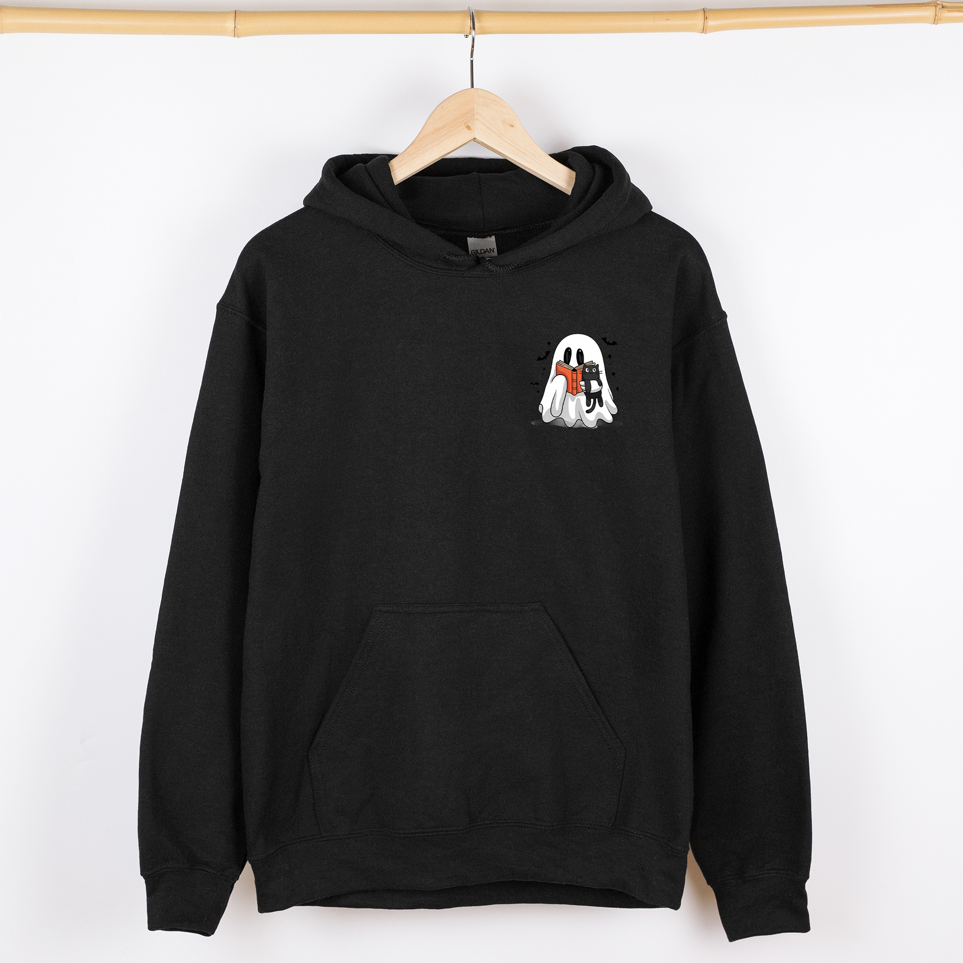 Reading Ghost, Cat, Funny, Halloween, Book, Library, Pocket, Graphic Hoodie, Hooded Sweatshirt