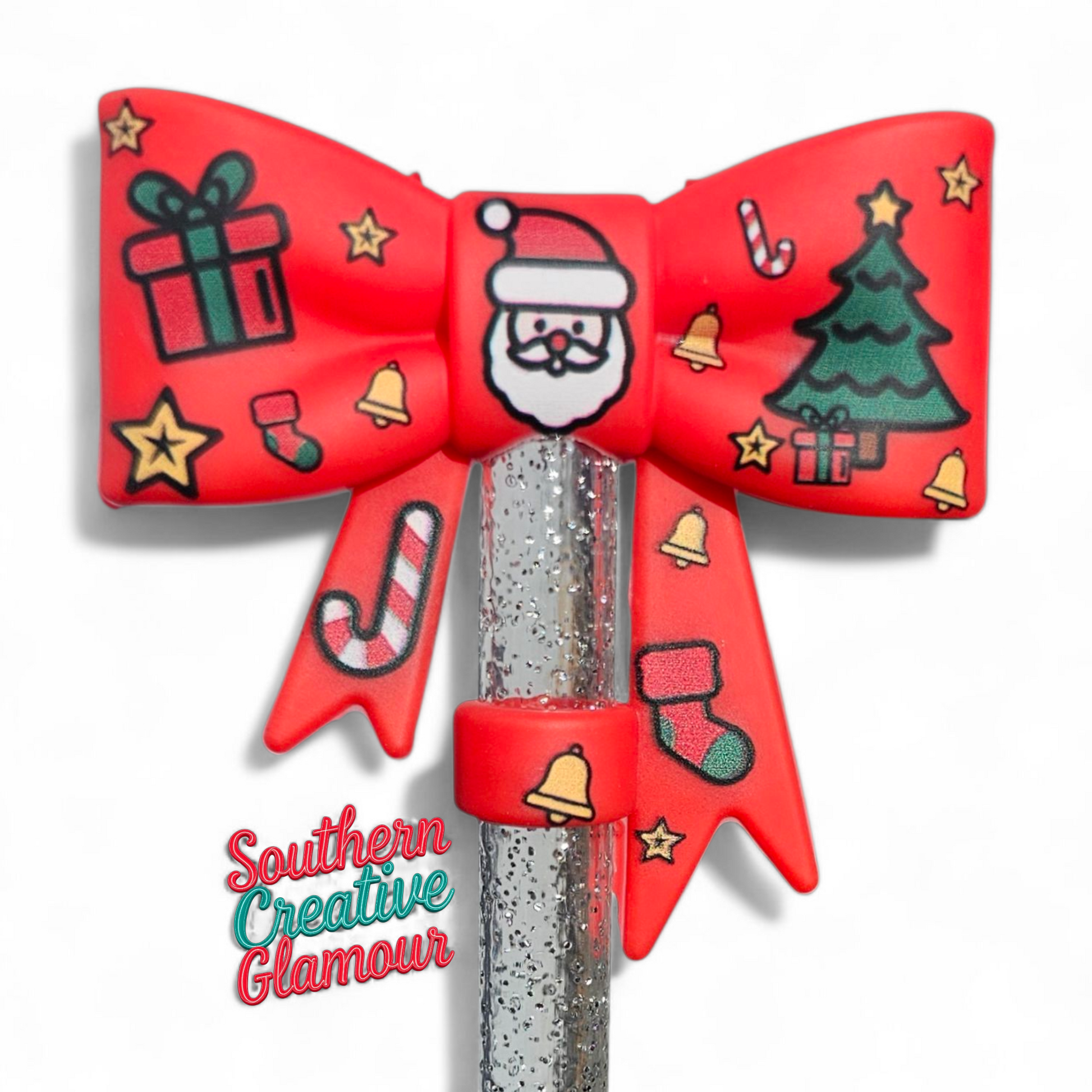 Red Christmas Santa 3D Bow Silicone 10mm Straw Topper by Southern Creative Glamour 