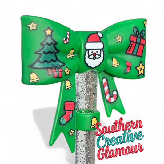 Green Christmas Santa 3D Bow Silicone 10mm Straw Topper by Southern Creative Glamour 