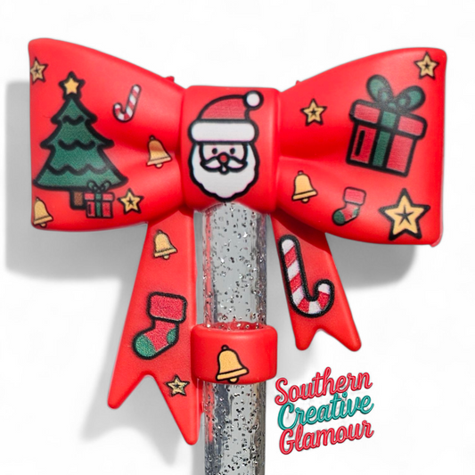 Red Christmas Santa 3D Bow Silicone 10mm Straw Topper by Southern Creative Glamour 