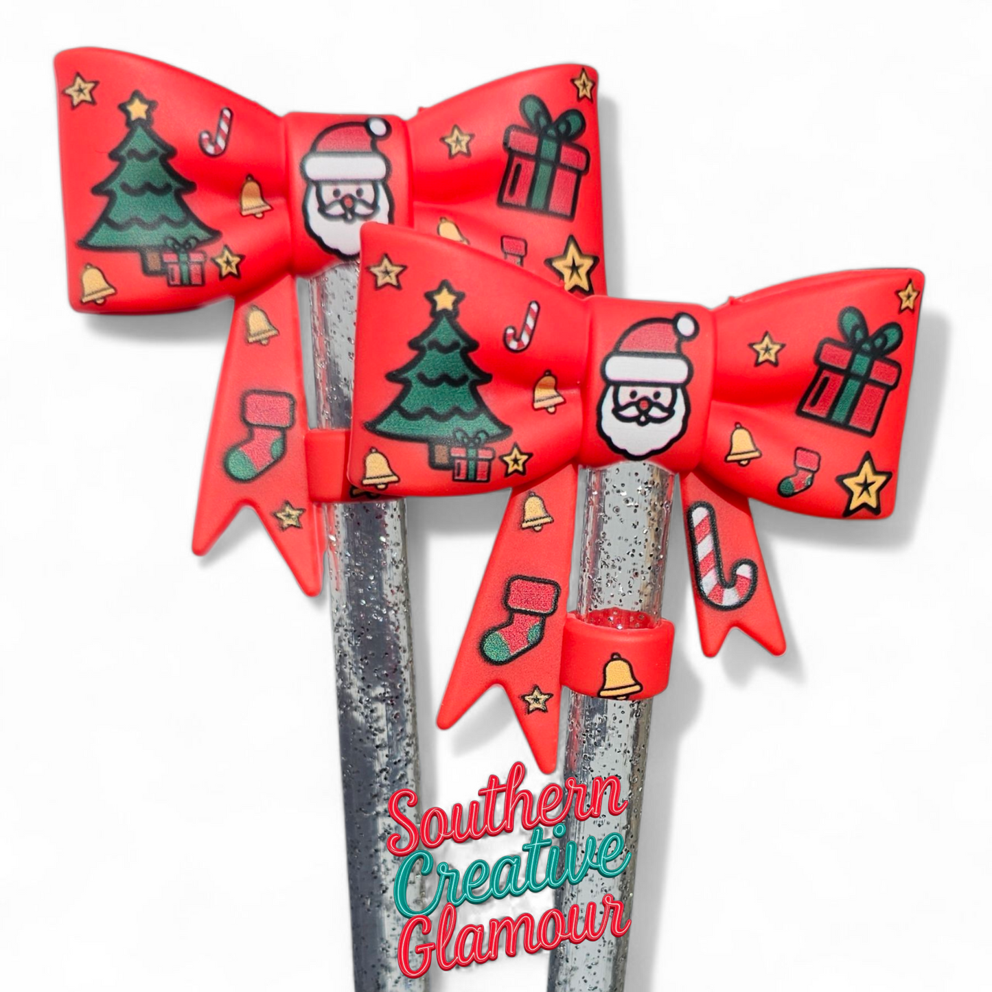 Red Christmas Santa 3D Bow Silicone 10mm Straw Topper by Southern Creative Glamour 