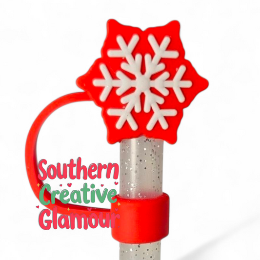 Red and White 3D Snowflake Silicone Straw Topper by Southern Creative Glamour 