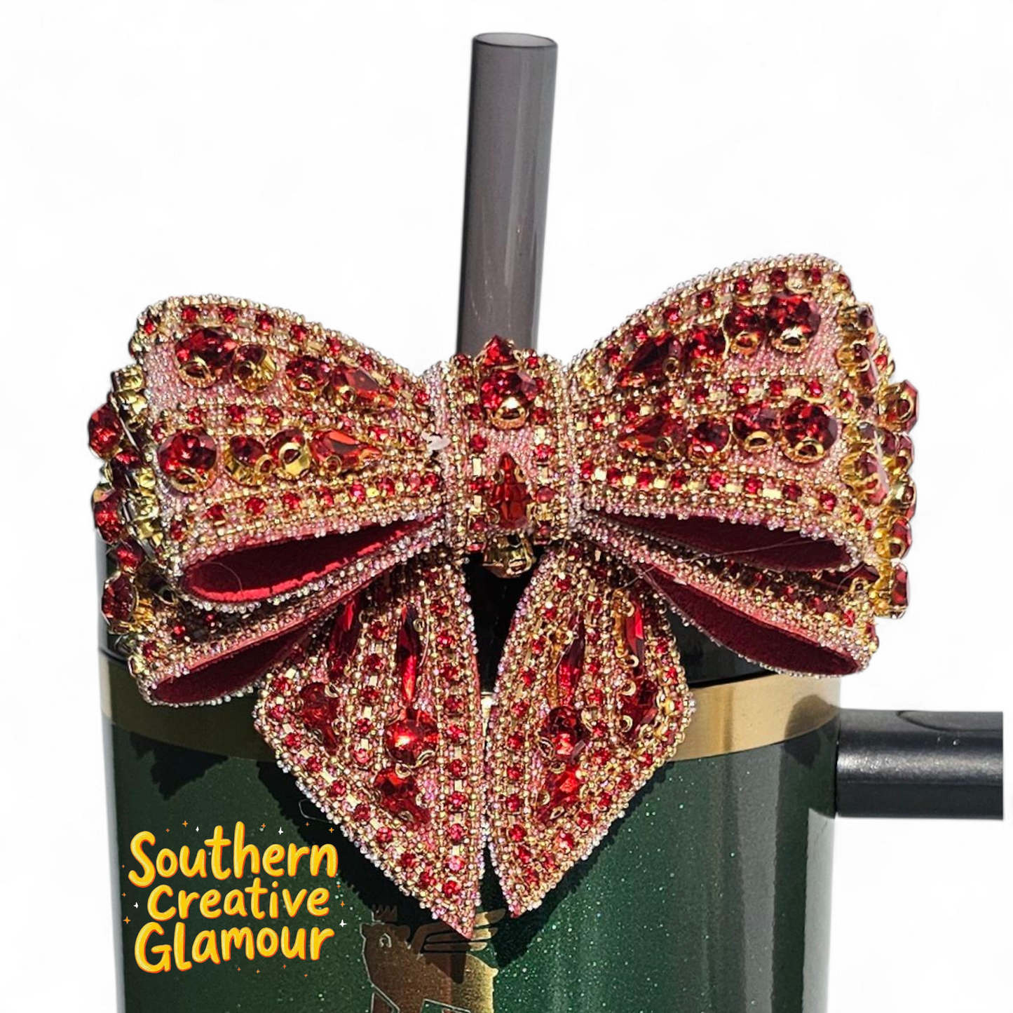 Red & Gold Diamond Bow Tumbler Charm by Southern Creative Glamour 