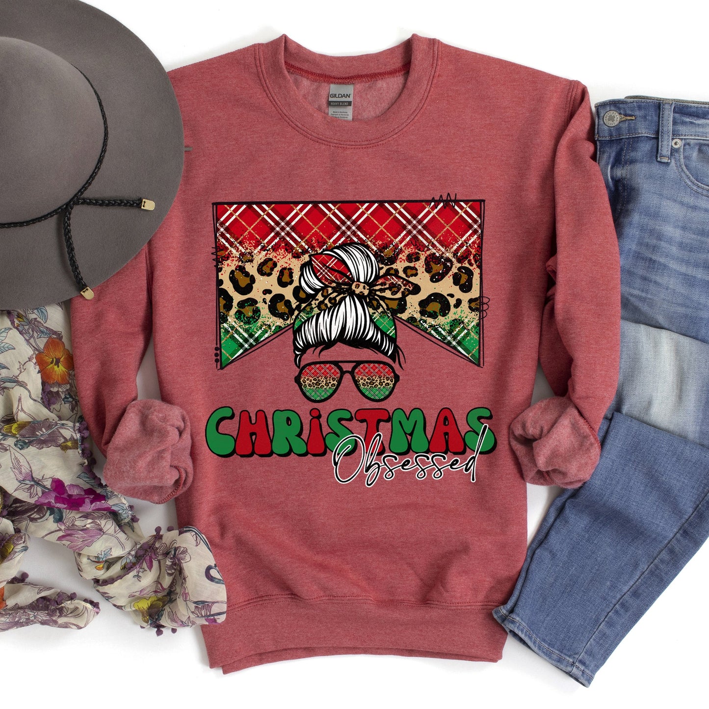 Heather Sports Red Christmas plaid and leopard print sweatshirt