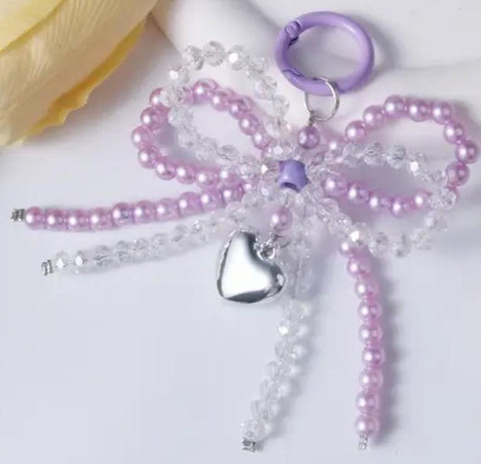 Iridescent Pearlescent Purple and Clear Beaded Ribbon Bow & Heart Charm Pendant