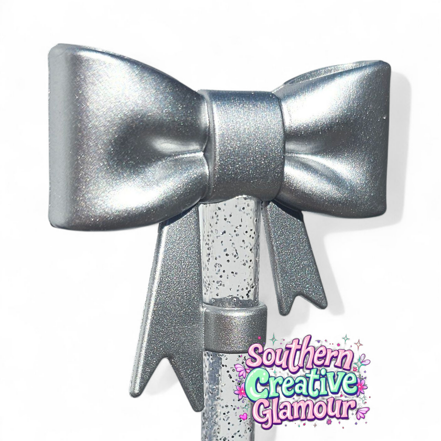 Metallic Silver Shimmer 3D Bow Silicone 10mm Straw Topper by Southern