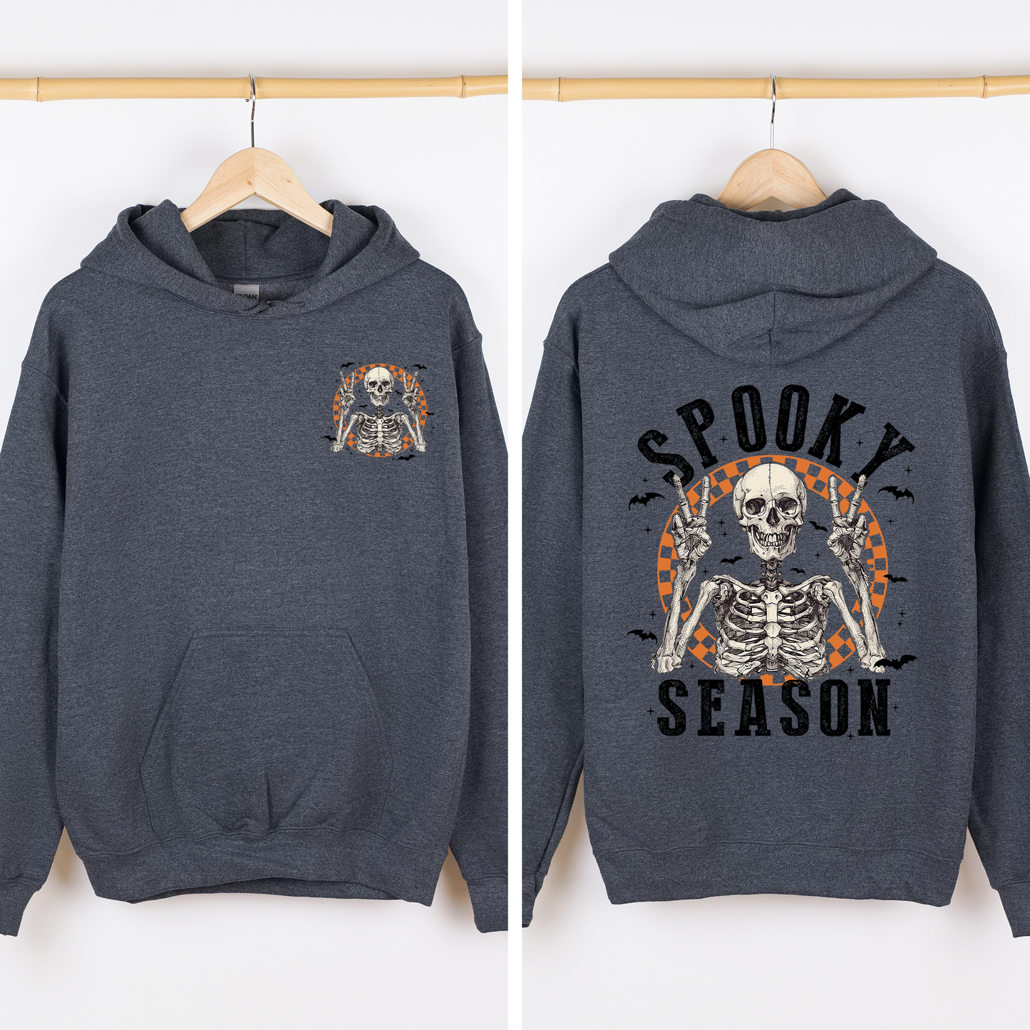 Dark Heather gray Spooky Season, Front and Back, Skeleton, Halloween, Graphic Hoodie, Hooded Sweatshirt