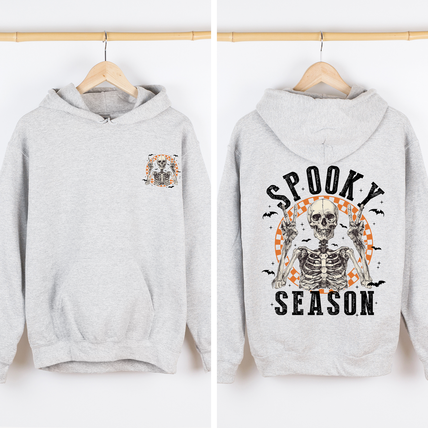 Light ash gray Spooky Season, Front and Back, Skeleton, Halloween, Graphic Hoodie, Hooded Sweatshirt