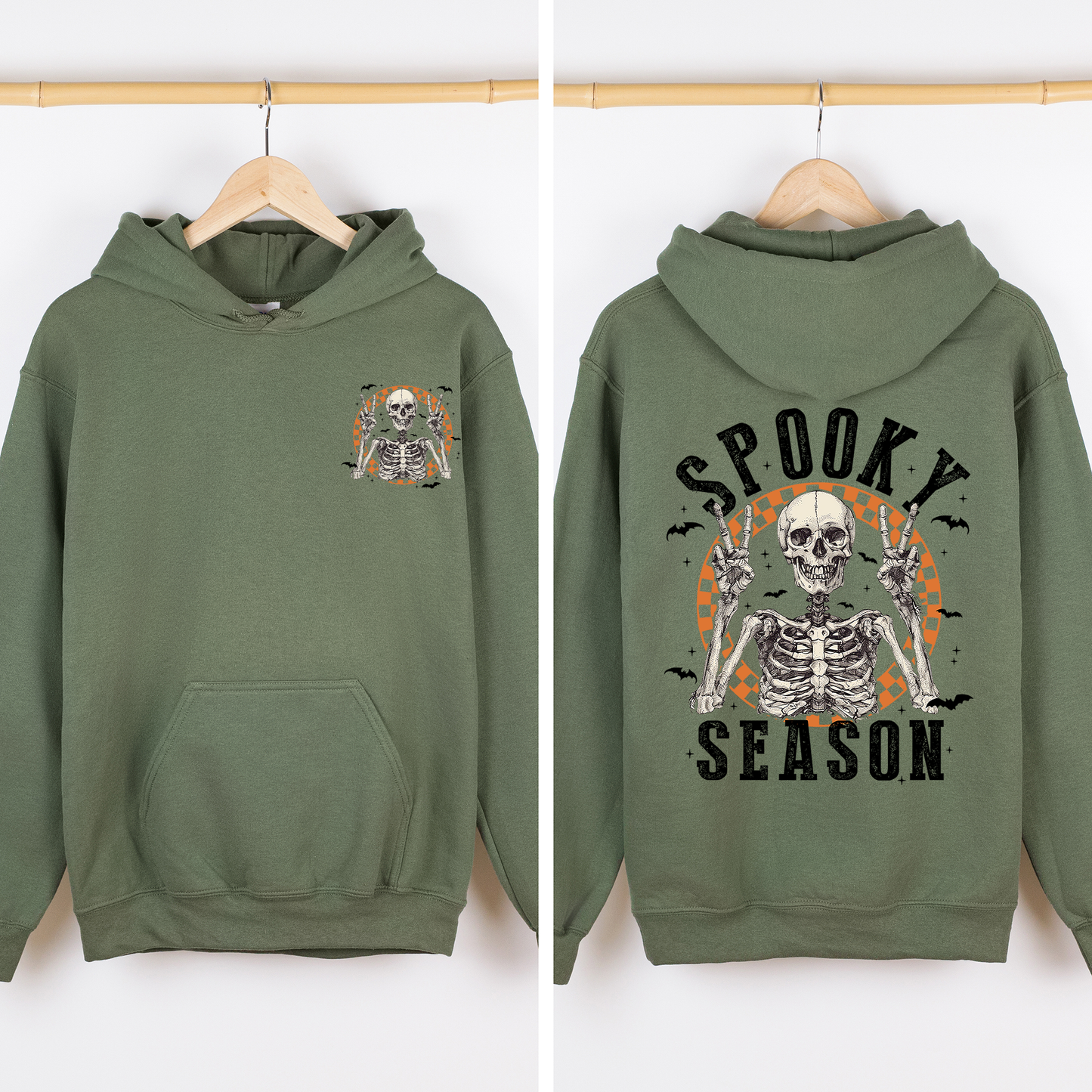 Military green Spooky Season, Front and Back, Skeleton, Halloween, Graphic Hoodie, Hooded Sweatshirt
