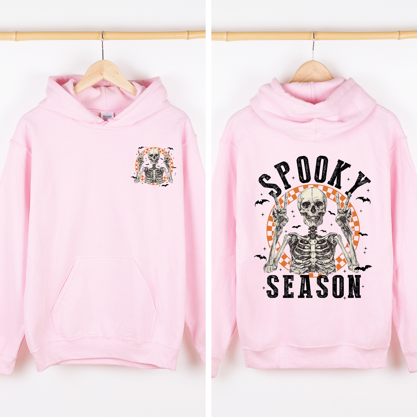 Light Pink Spooky Season, Front and Back, Skeleton, Halloween, Graphic Hoodie, Hooded Sweatshirt