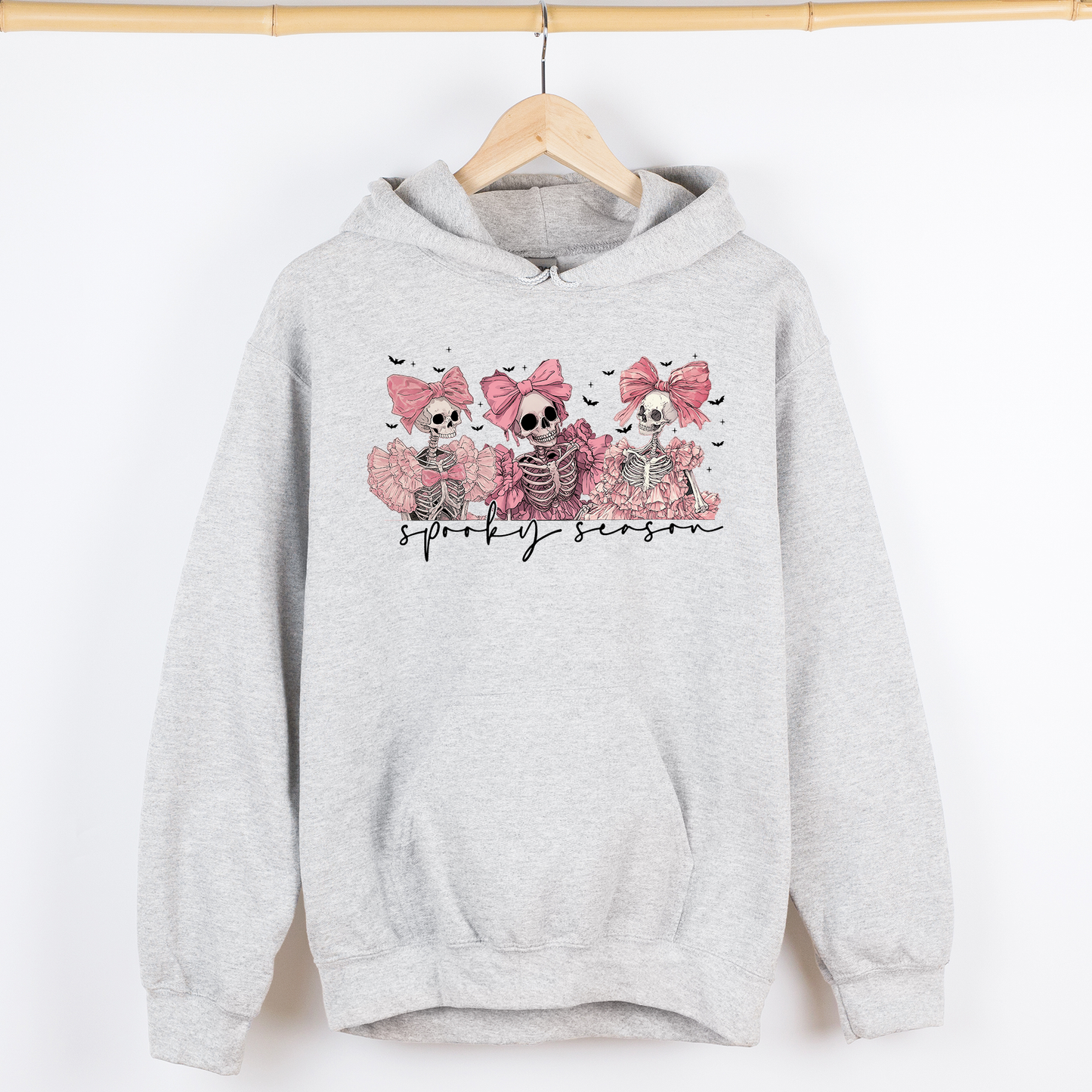 Gray Spooky Season, Pink Skeletons, Cute, Coquette, Ribbon, Bows, Halloween, Graphic Hoodie, Hooded Sweatshirt