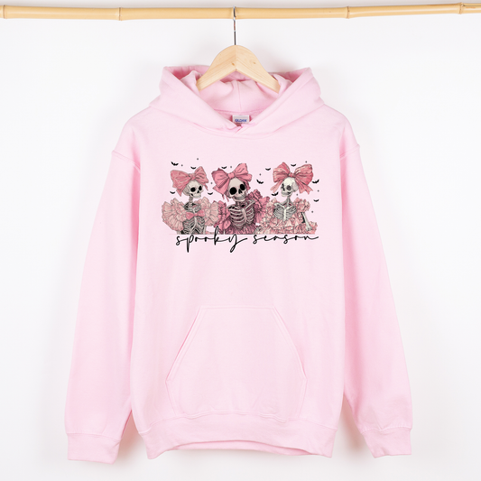 Light Pink Spooky Season, Pink Skeletons, Cute, Coquette, Ribbon, Bows, Halloween, Graphic Hoodie, Hooded Sweatshirt