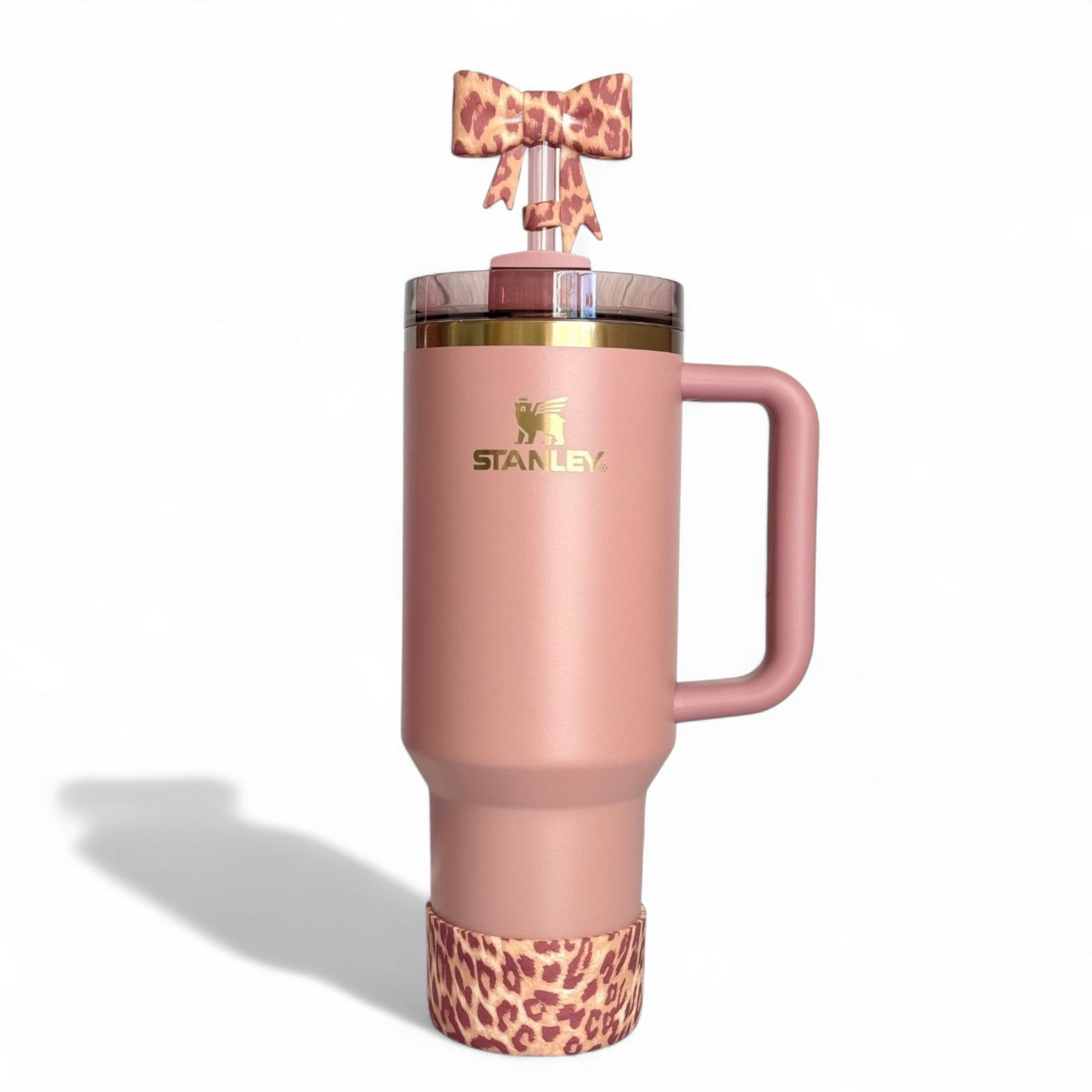 Pink Leopard 3D Bow Straw Topper *Hydroprinted* on Stanley 40oz Antique Pink tumbler 