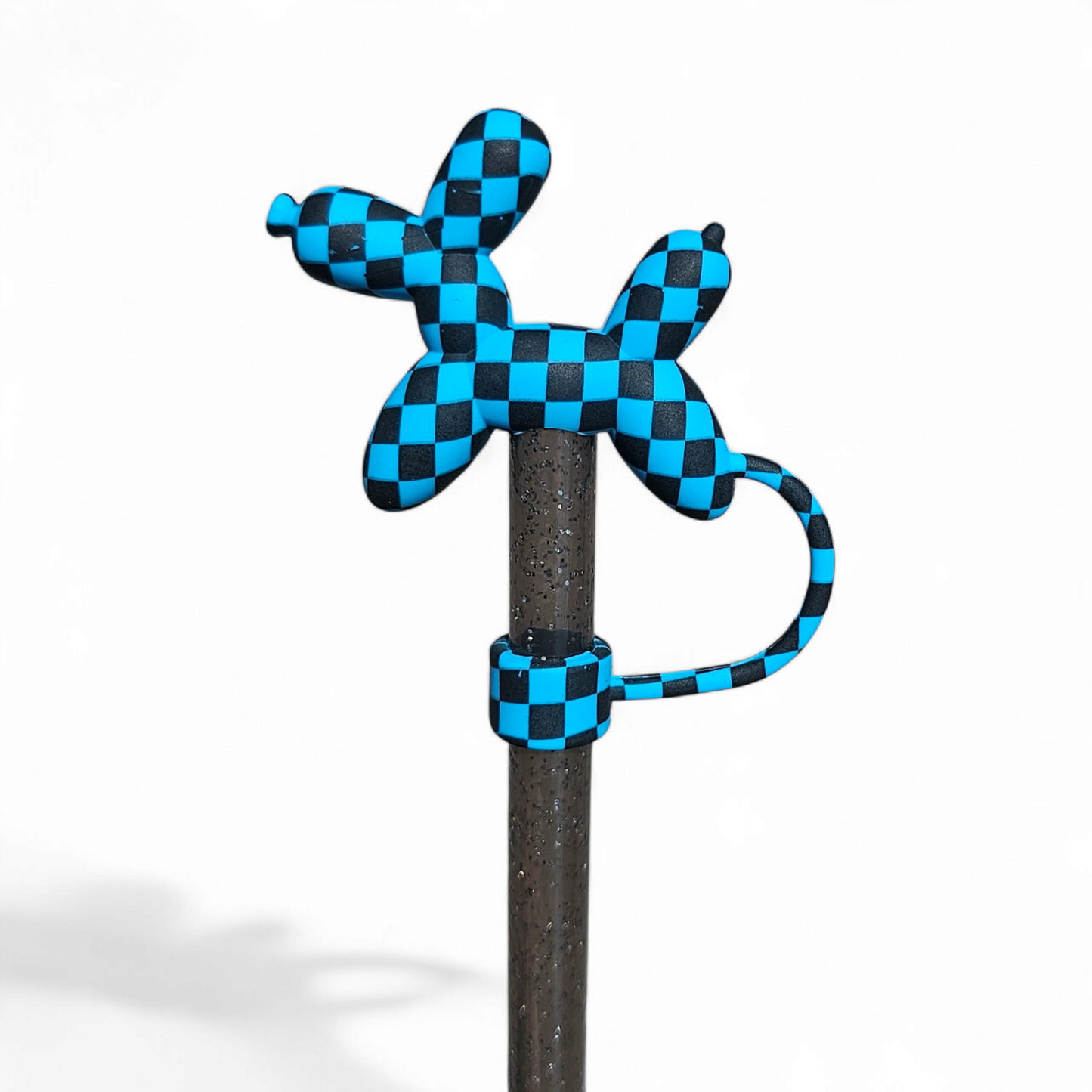 Blue and Black Checker Balloon Dog 3D Silicone Straw Topper