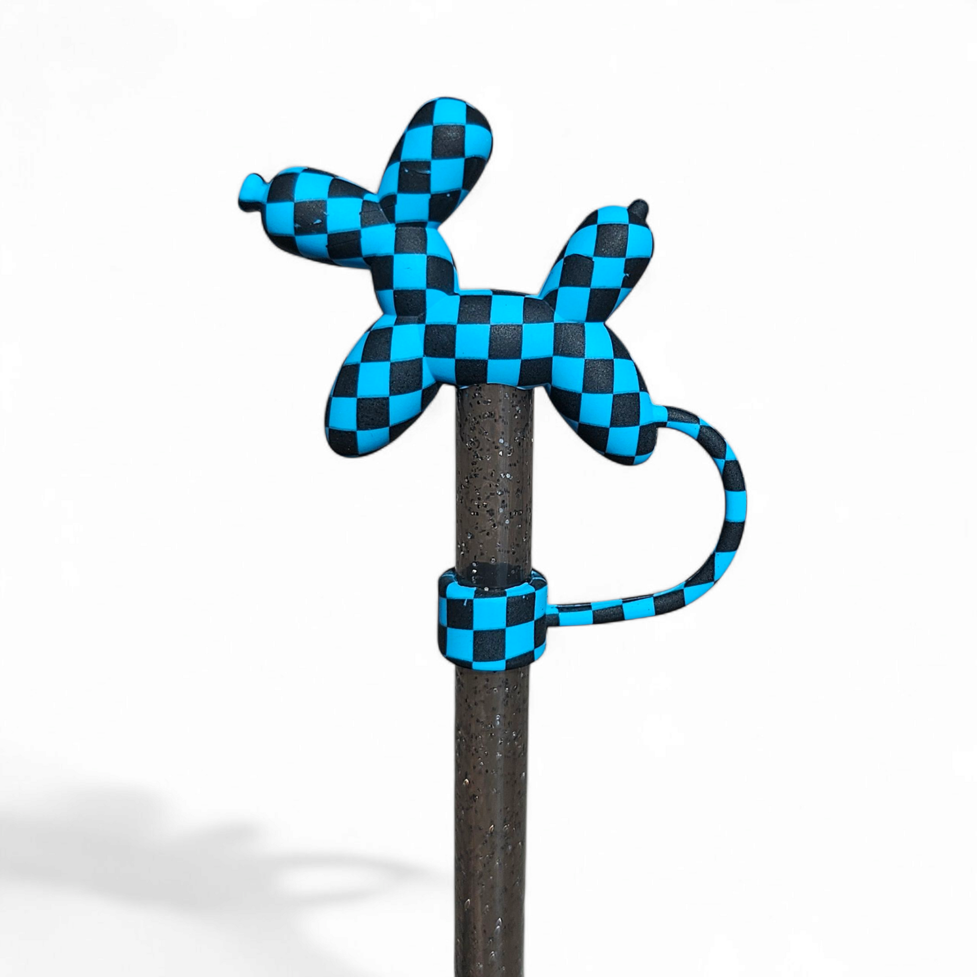 Blue and Black Checker Balloon Dog 3D Silicone Straw Topper