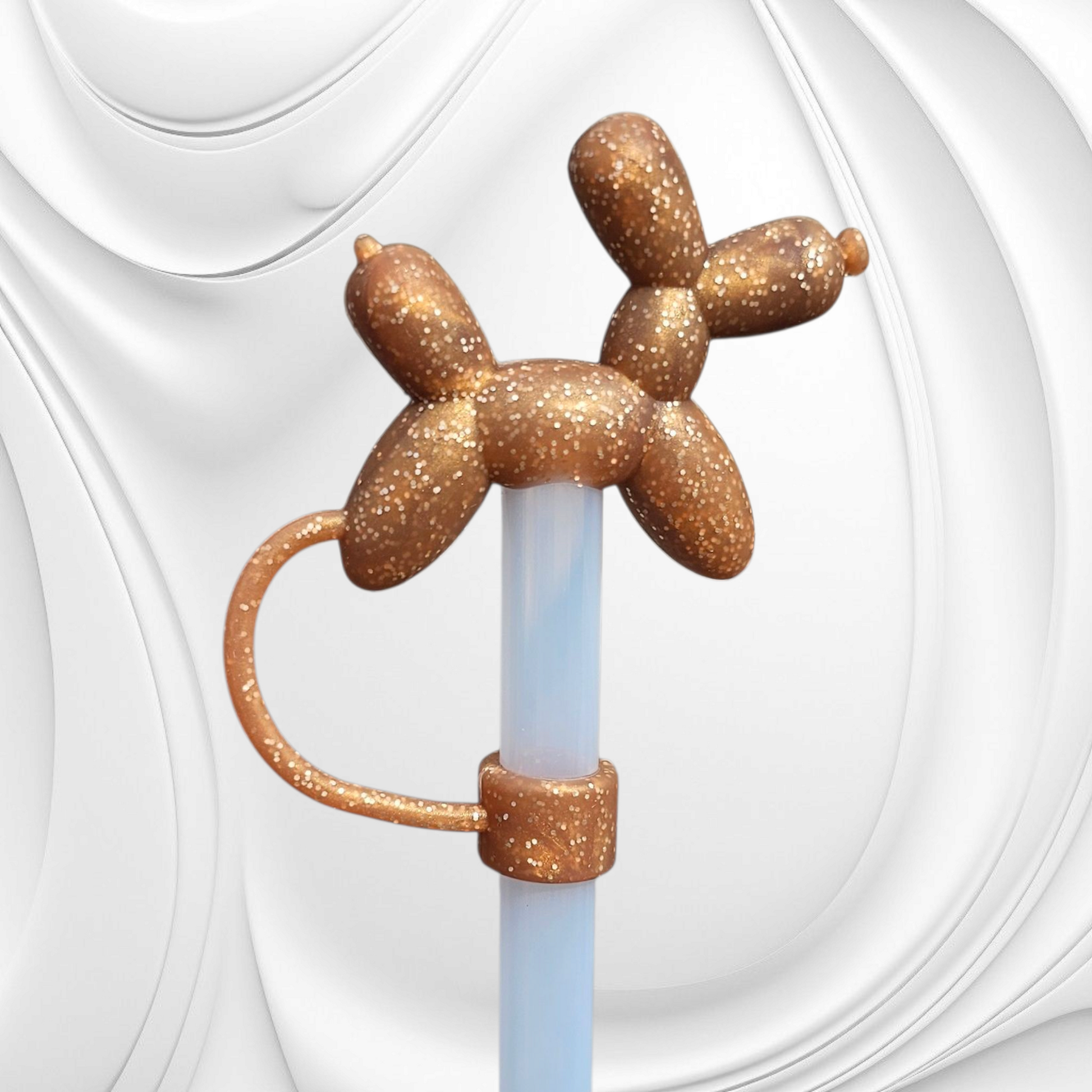 Bronze Glitter 3D Silicone Balloon Dog Straw Topper. 