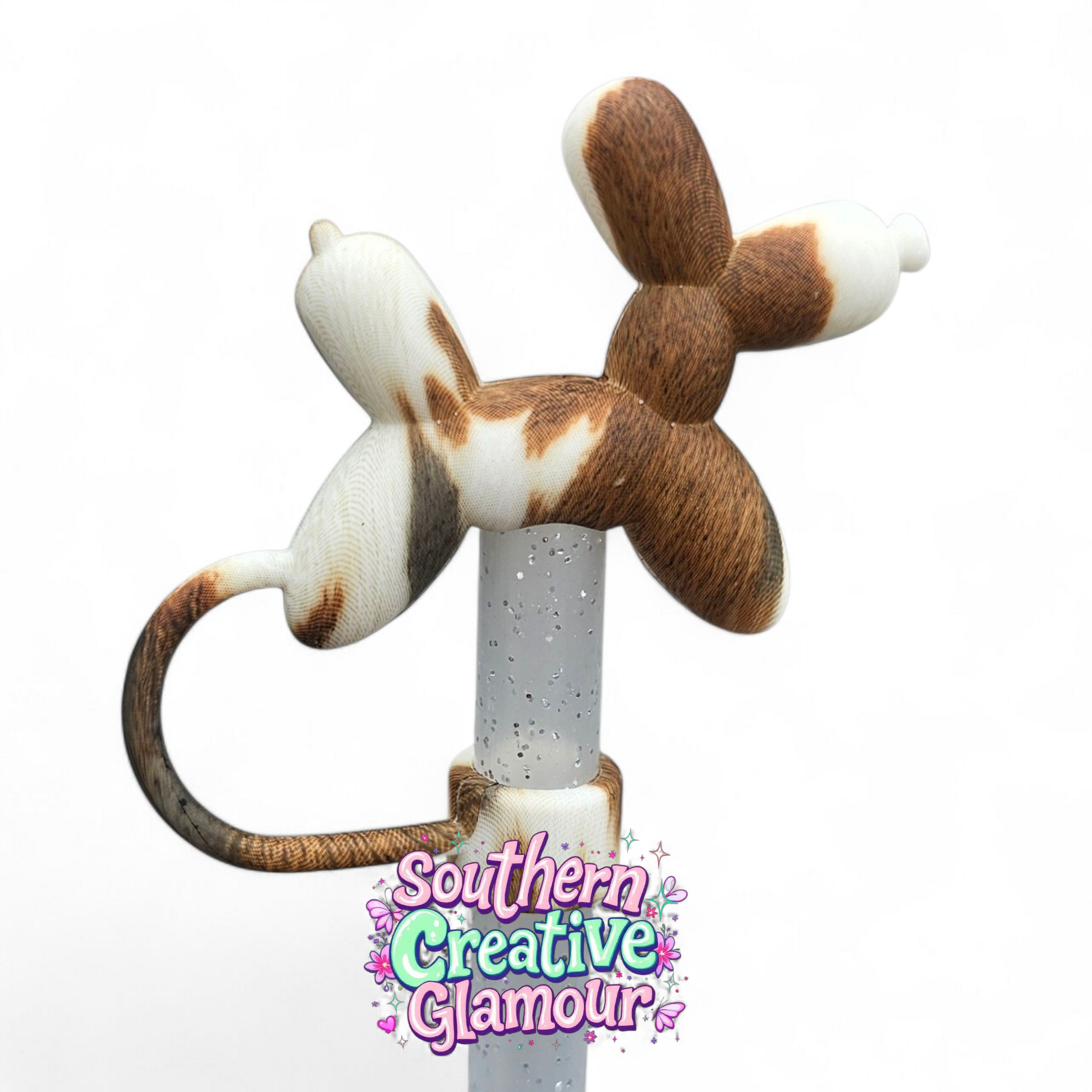 Brown and white cow print 3D Balloon Dog Silicone 10mm Straw Toppers by Southern Creative Glamour 