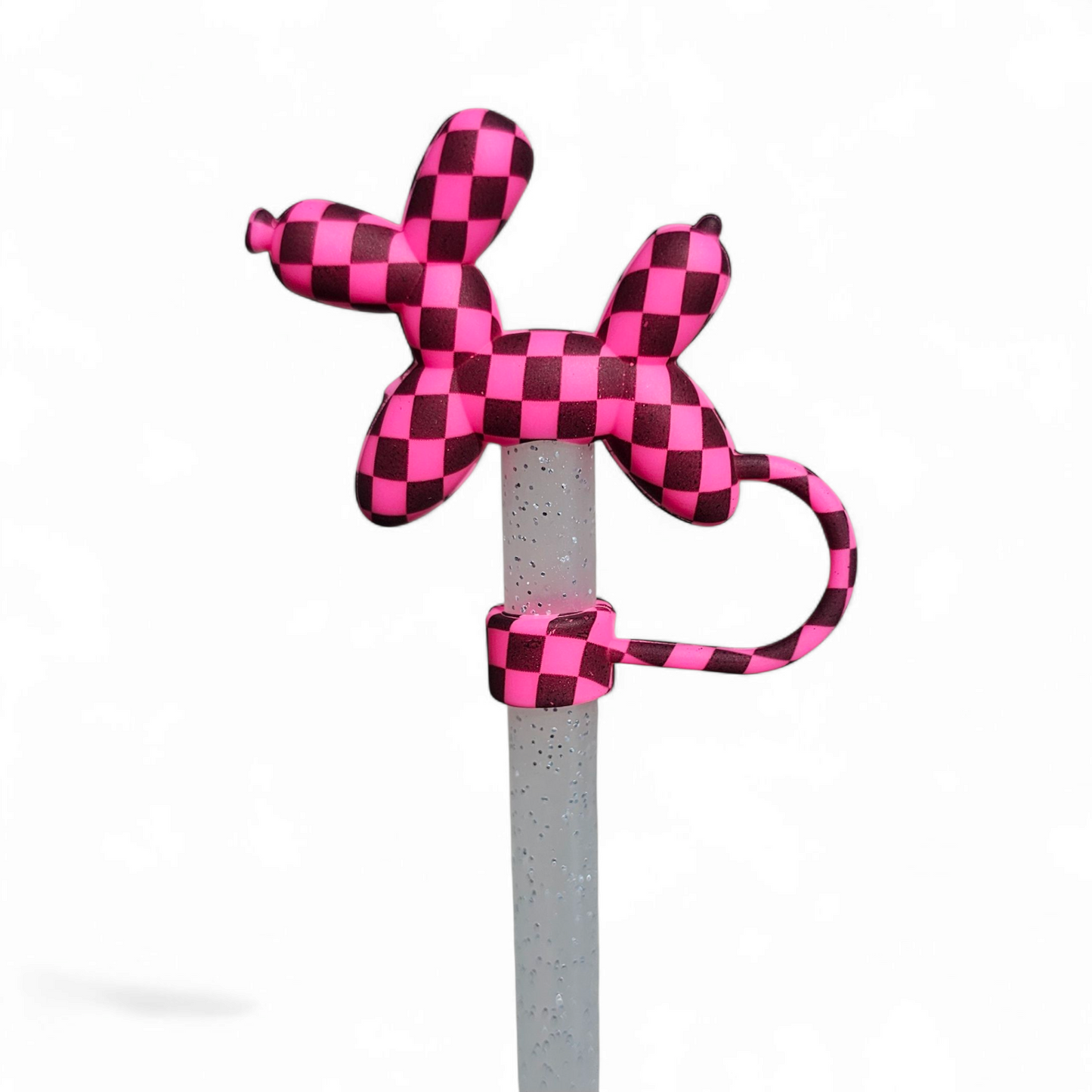 Pink and Black Checker Balloon Dog 3D Silicone Straw Topper