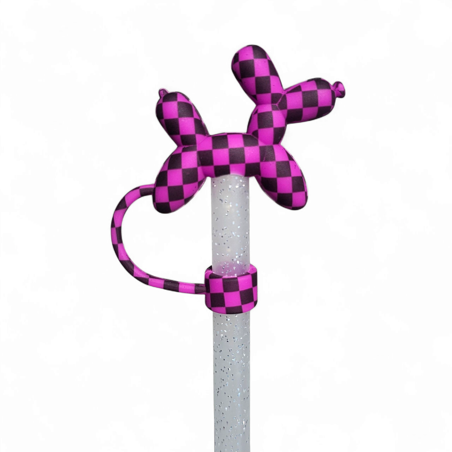 Purple and Black Checker Balloon Dog 3D Silicone Straw Topper