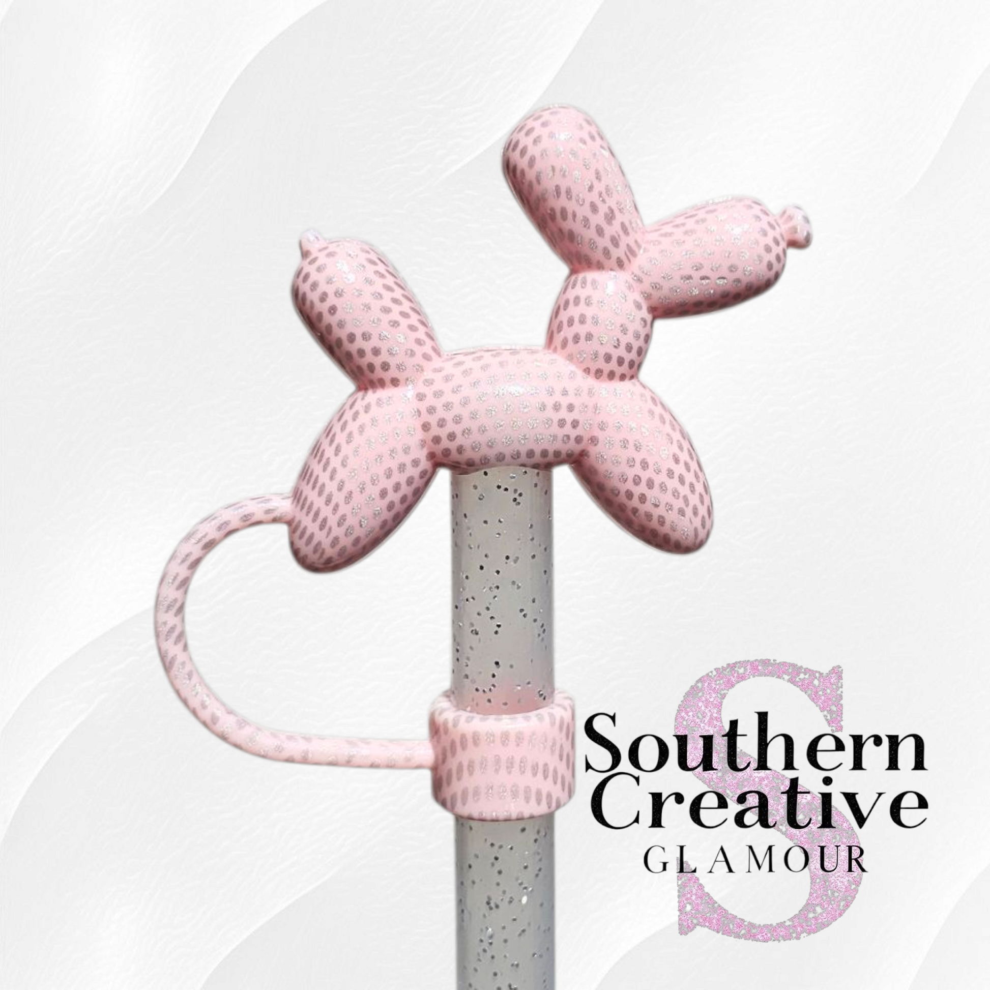 Blush Pink Shimmer Balloon Dog 3D Silicone 10mm Straw Topper by Southern Creative Glamour 