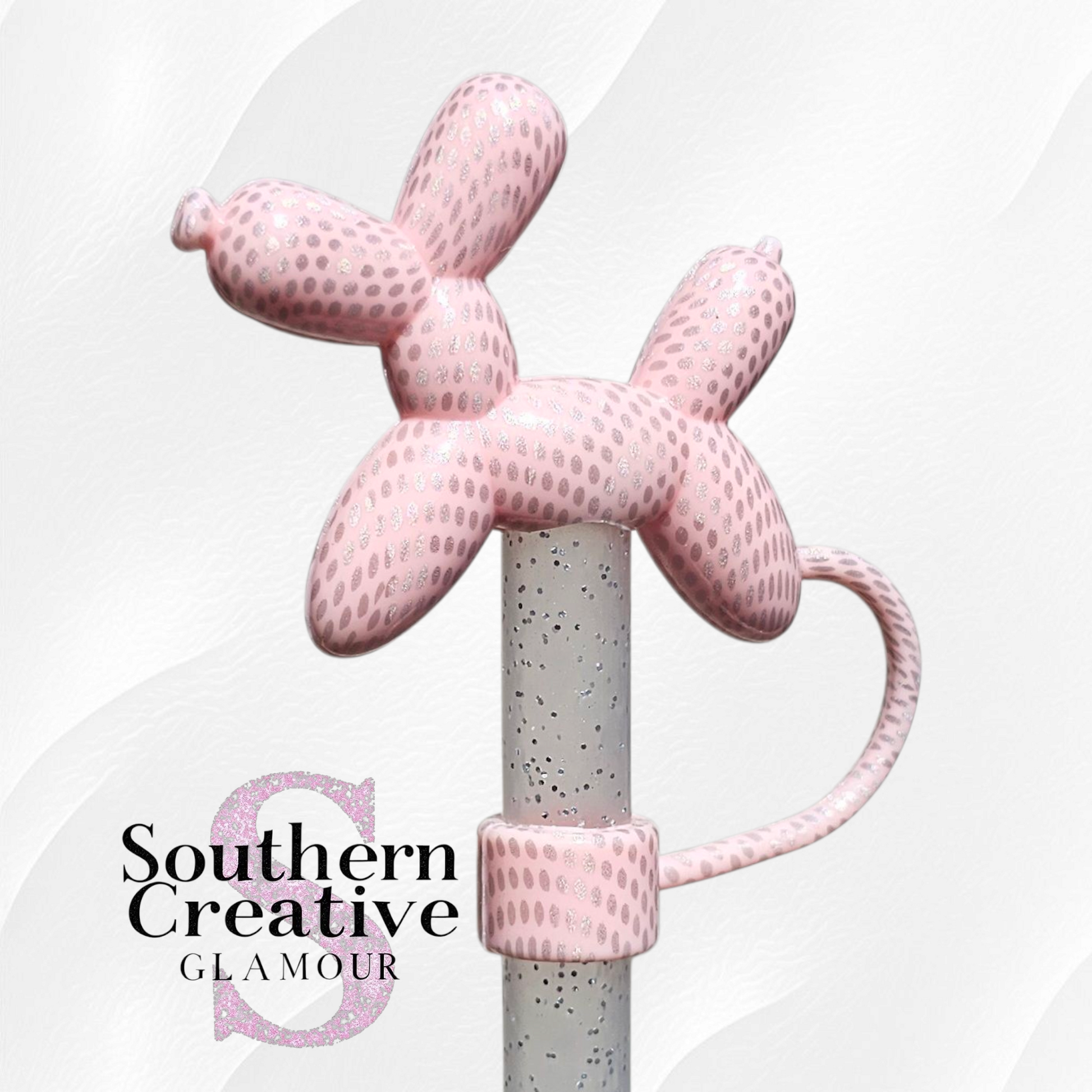 Blush Pink Shimmer Balloon Dog 3D Silicone 10mm Straw Topper by Southern Creative Glamour 