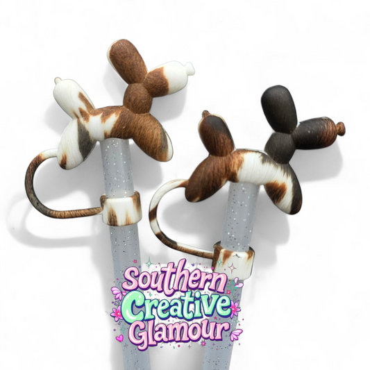 Brown and white cow print 3D Balloon Dog Silicone 10mm Straw Toppers by Southern Creative Glamour 