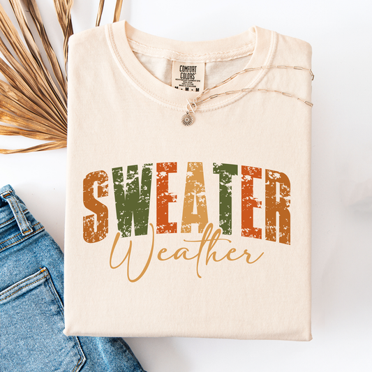 Cream Sweater Weather, Fall, Retro Varsity, Autumn, Pumpkin, Comfort Colors T-Shirt