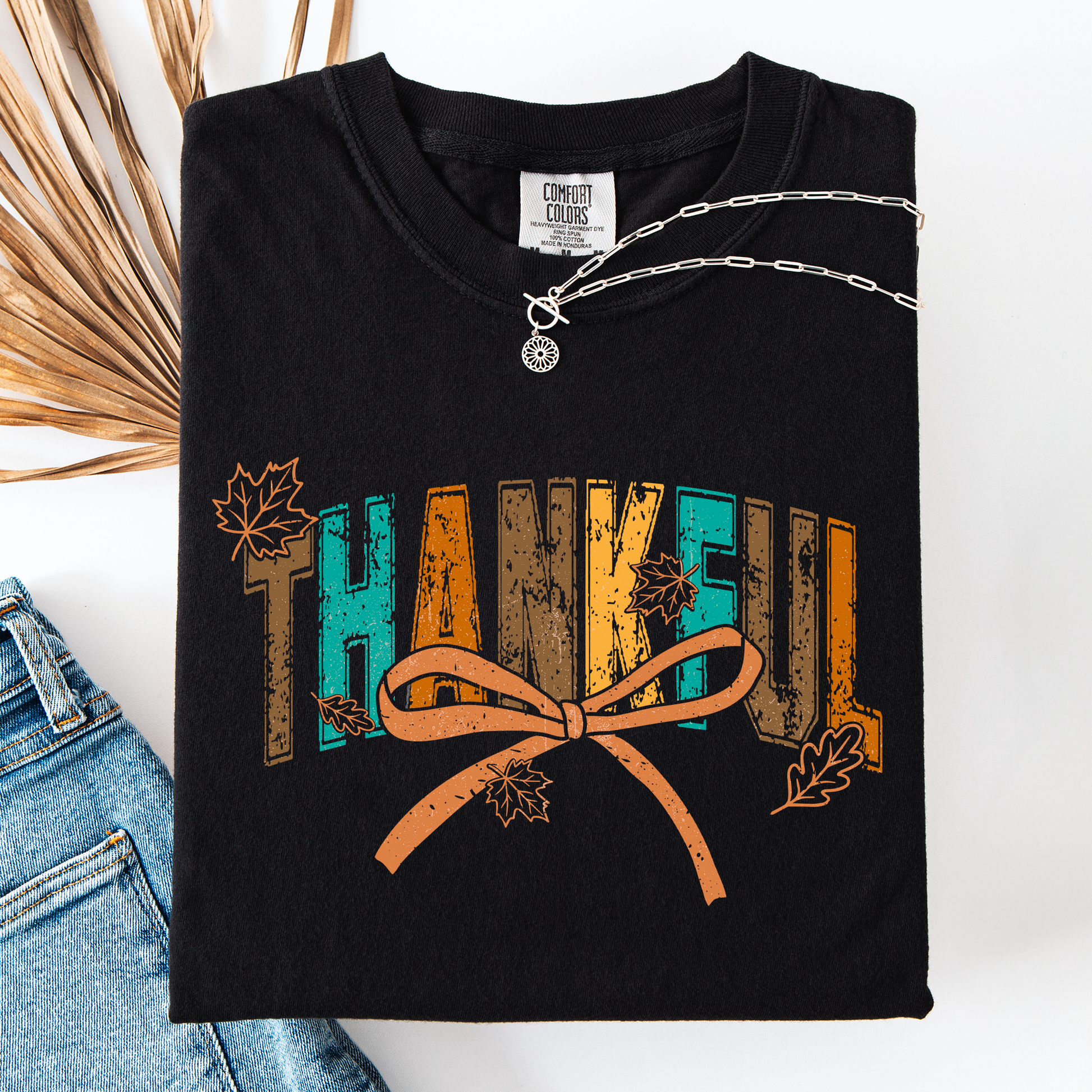 Black Thankful, Fall, Autumn, Bow, Ribbon, Comfort Colors T-Shirt