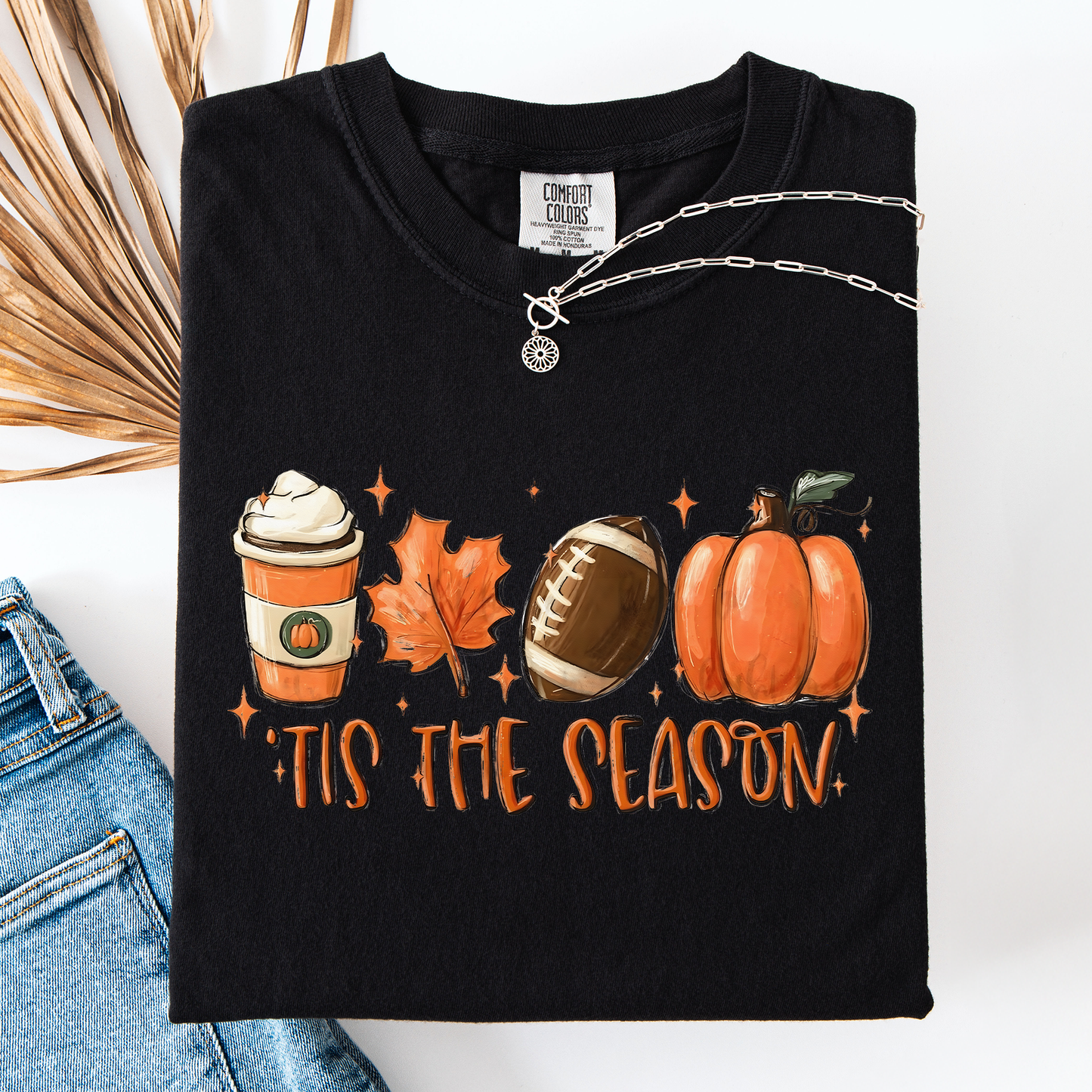 Black Tis The Season, Football, Game Day, Pumpkin, Coffee, Autumn, Fall, Comfort Colors T-Shirt