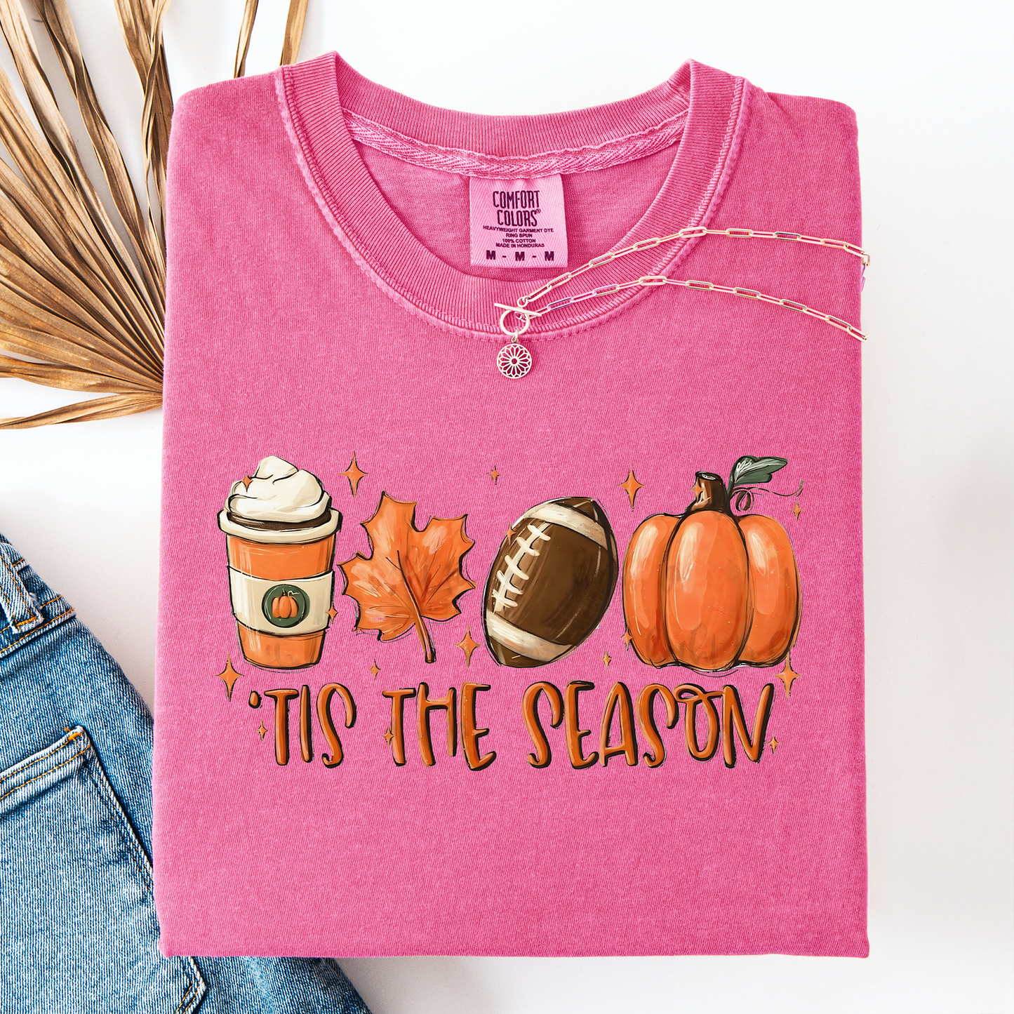 Pink Tis The Season, Football, Game Day, Pumpkin, Coffee, Autumn, Fall, Comfort Colors T-Shirt
