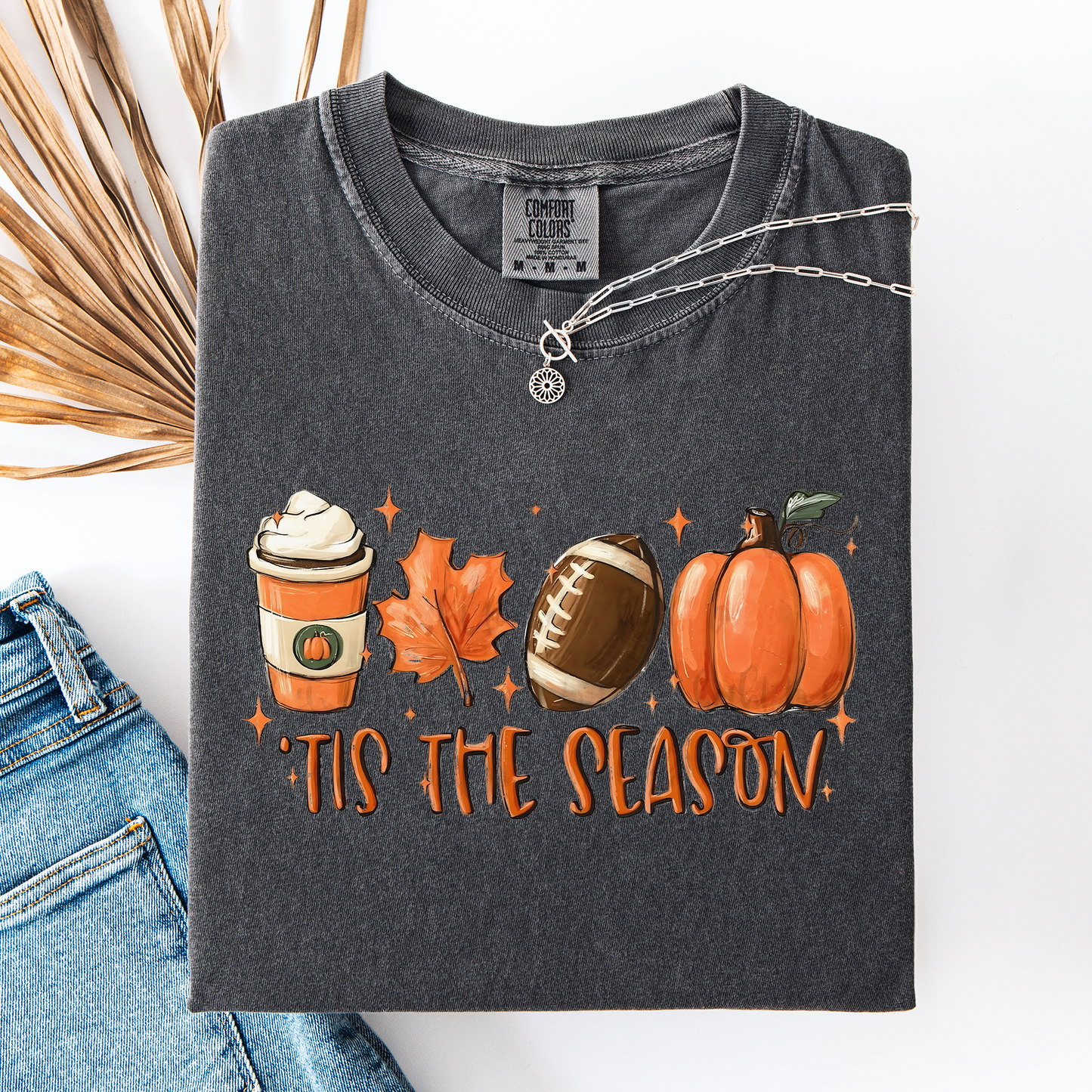 Charcoal Gray Tis The Season, Football, Game Day, Pumpkin, Coffee, Autumn, Fall, Comfort Colors T-Shirt