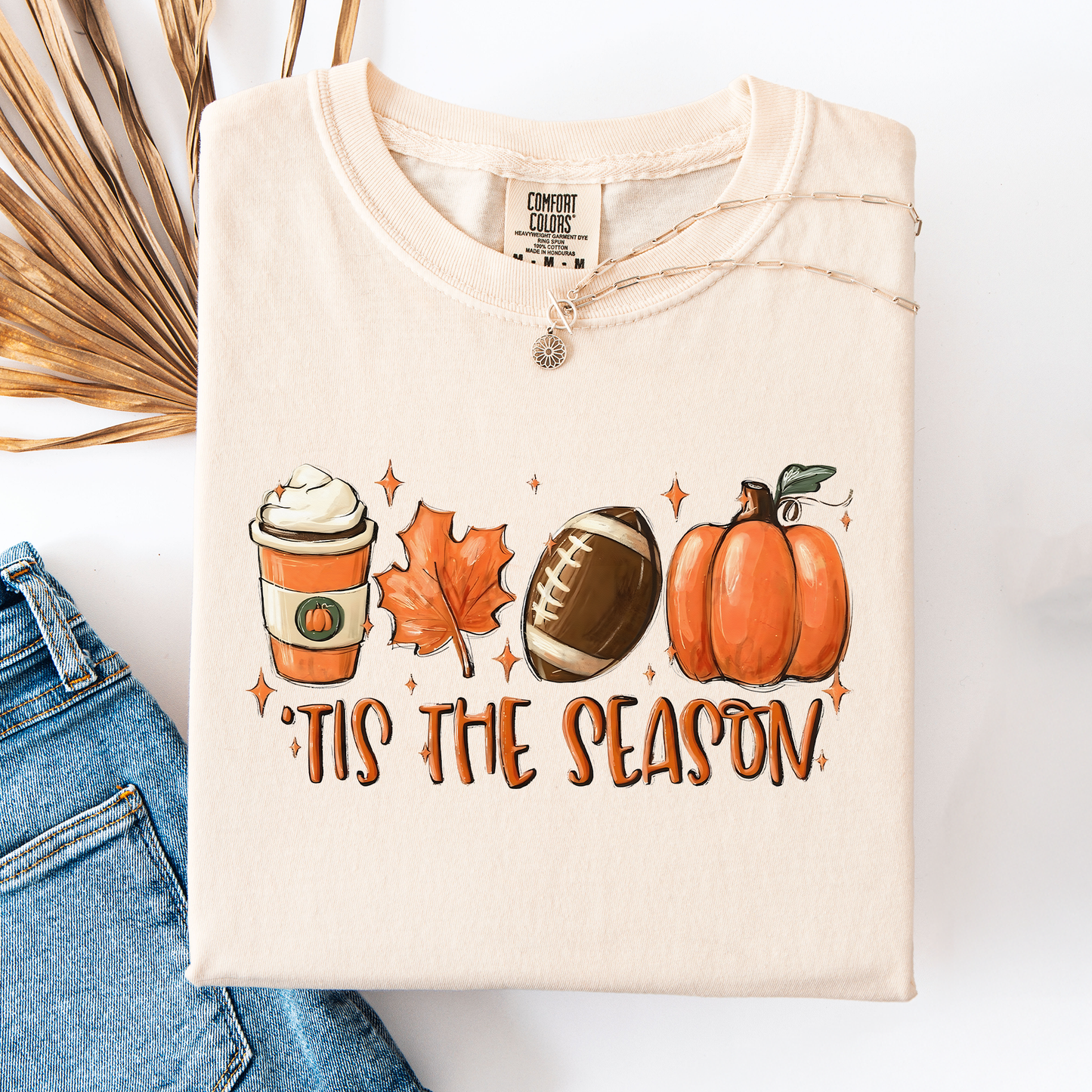 Cream Tis The Season, Football, Game Day, Pumpkin, Coffee, Autumn, Fall, Comfort Colors T-Shirt