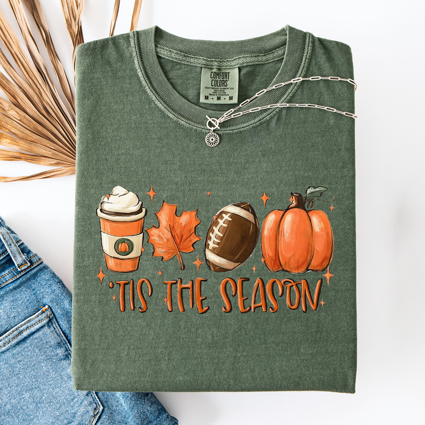 Moss green Tis The Season, Football, Game Day, Pumpkin, Coffee, Autumn, Fall, Comfort Colors T-Shirt