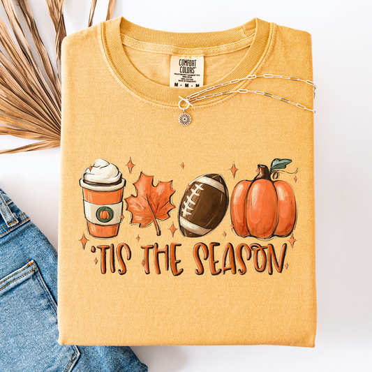 Yellow Tis The Season, Football, Game Day, Pumpkin, Coffee, Autumn, Fall, Comfort Colors T-Shirt