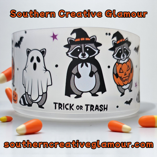 Halloween Trick or Trash Raccoon Silicone Tumbler Boot by Southern Creative Glamour 
