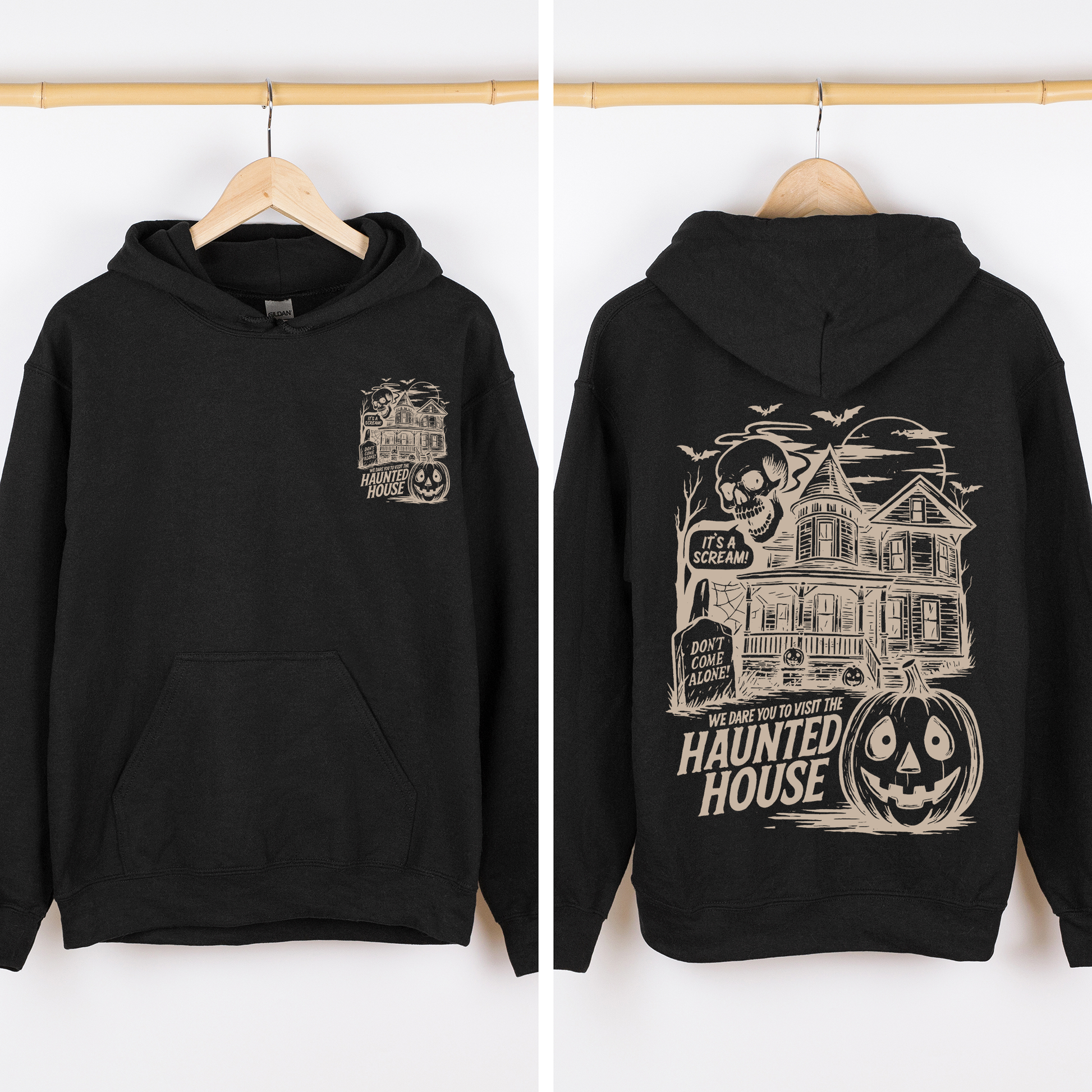 Black We Dare You To Visit The Haunted House, Spooky, Halloween, Pumpkin, Graphic Hoodie, Hooded Sweatshirt