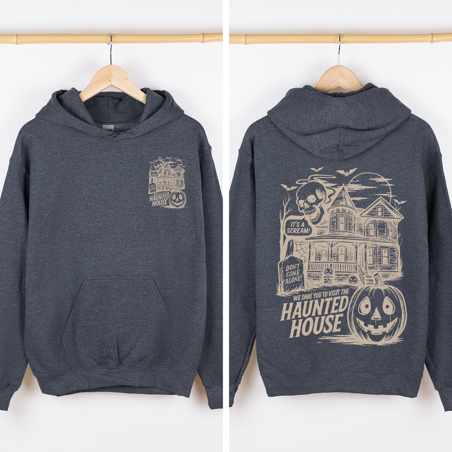 Heather gray We Dare You To Visit The Haunted House, Spooky, Halloween, Pumpkin, Graphic Hoodie, Hooded Sweatshirt