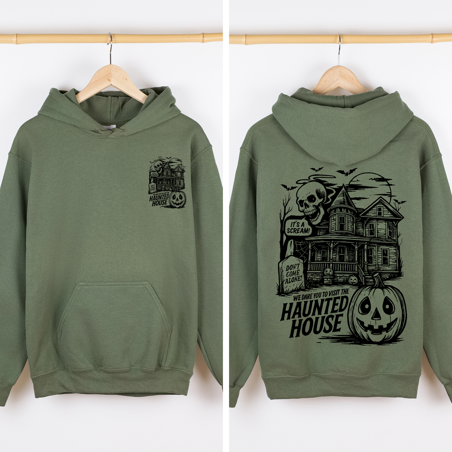 Military green We Dare You To Visit The Haunted House, Spooky, Halloween, Pumpkin, Graphic Hoodie, Hooded Sweatshirt