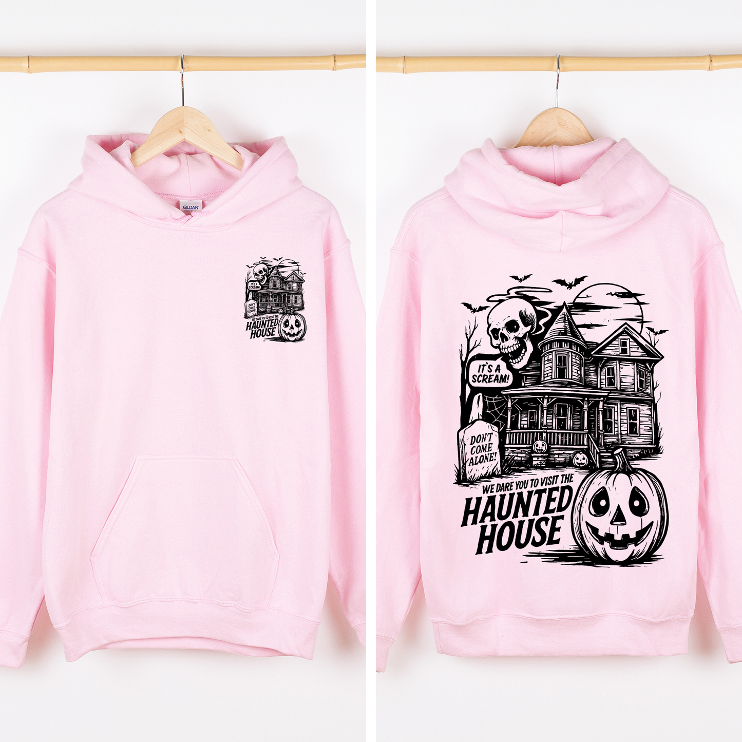 Light Pink We Dare You To Visit The Haunted House, Spooky, Halloween, Pumpkin, Graphic Hoodie, Hooded Sweatshirt